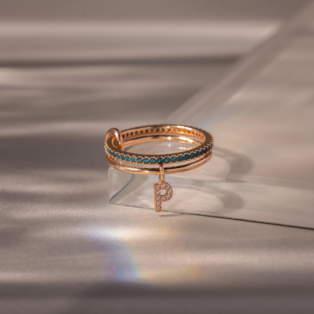 Blue Zircon Linked Initial Ring Set Silver 18K Gold Plated