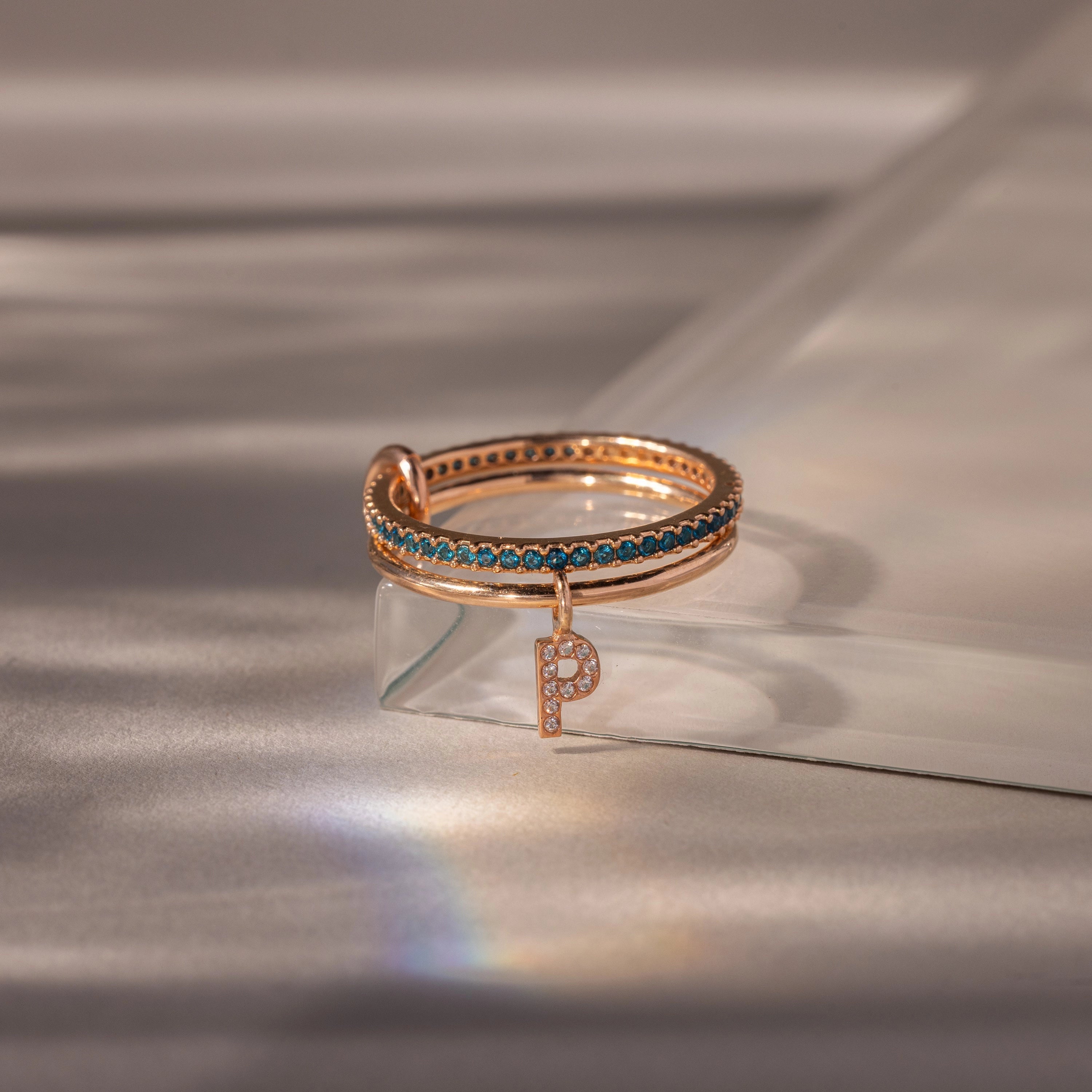 Blue Zircon Linked Initial Ring Set Silver 18K Gold Plated