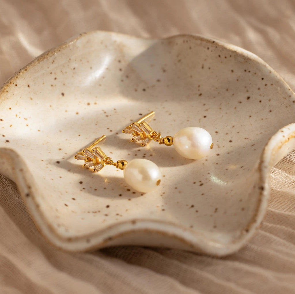 Pearl Diamond Drop Earrings Silver 18K Gold Plated