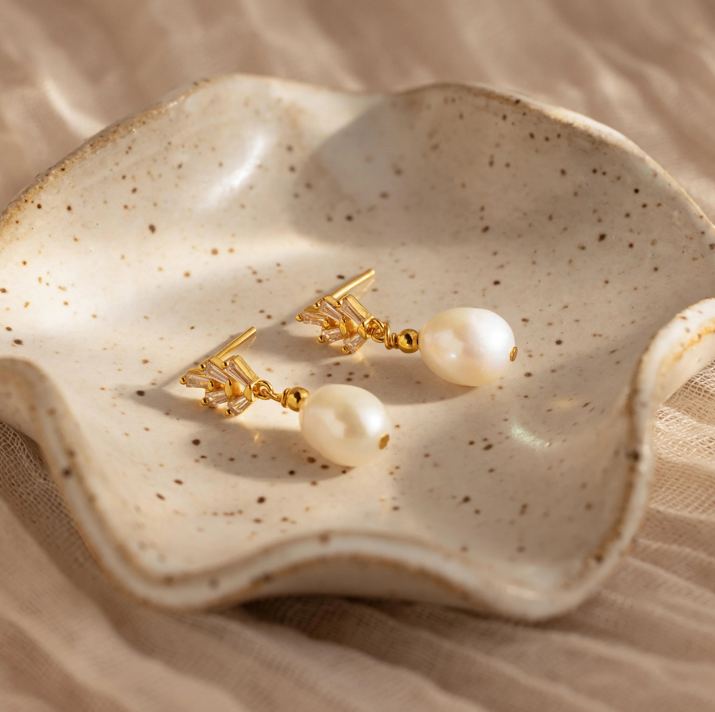 Pearl Diamond Drop Earrings Silver 18K Gold Plated