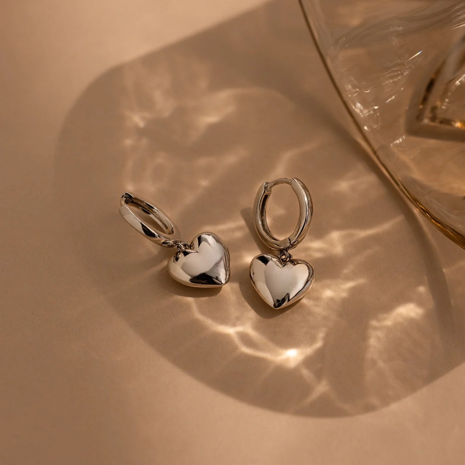 Puff Heart Charm Huggies Silver 18K Gold Plated