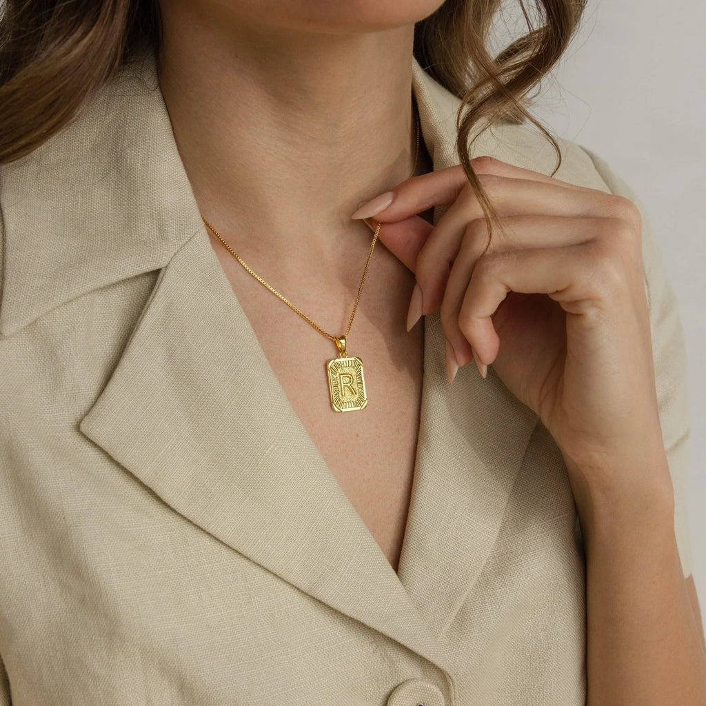 Initial Rectangle Pendant Necklace Silver 18K Gold Plated