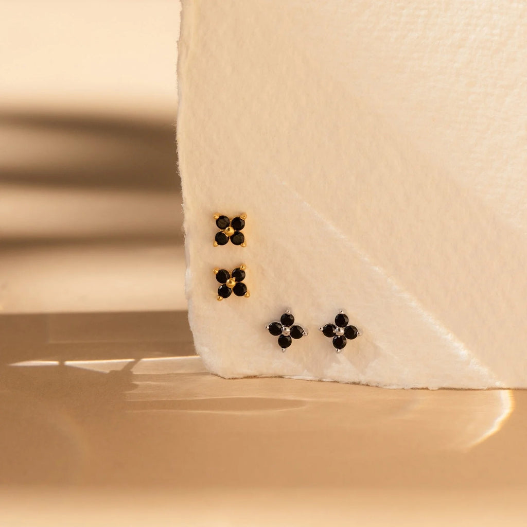 Black Diamond Flower Studs Silver 18K Gold Plated