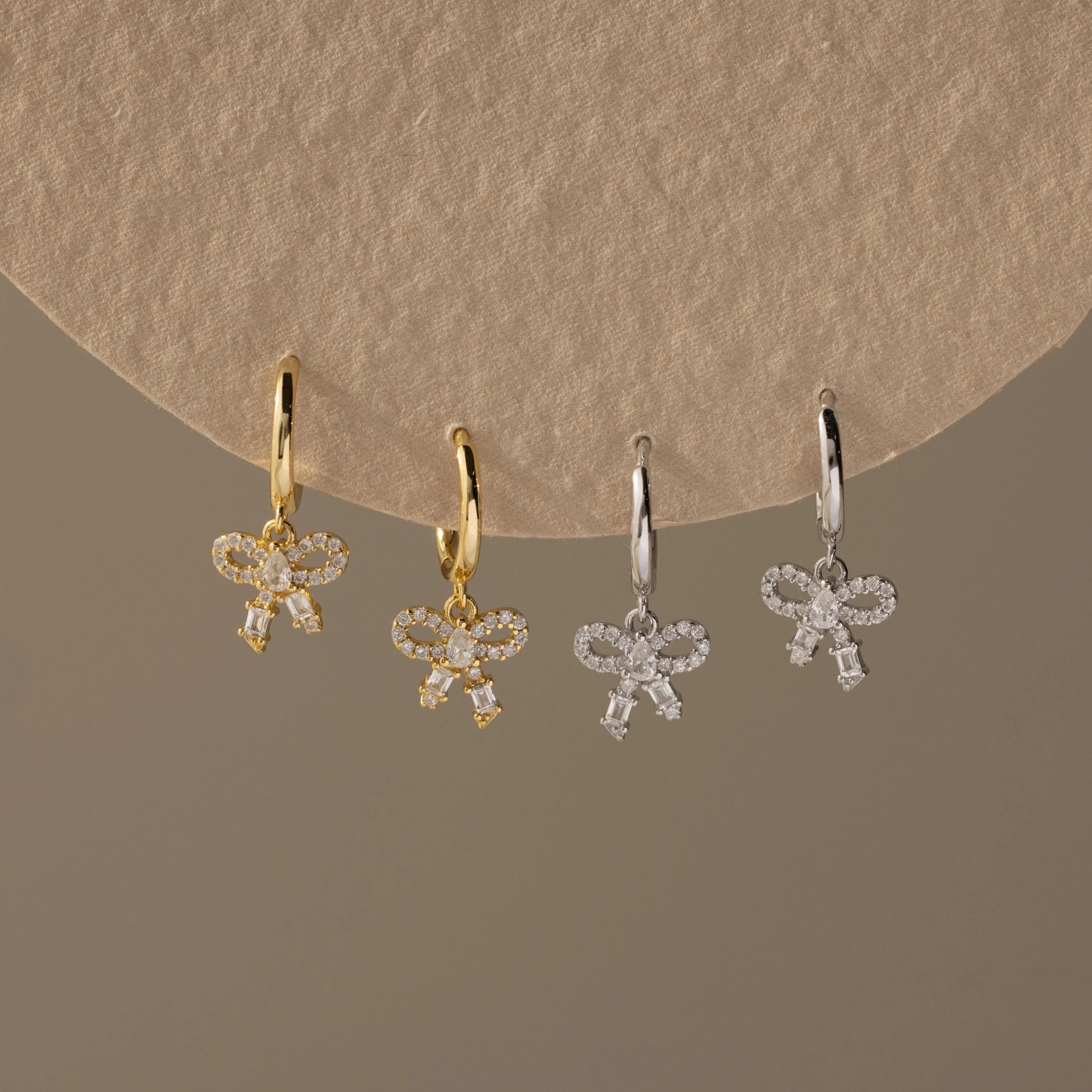 Diamond Pave Bow Charm Hoops Silver 18K Gold Plated