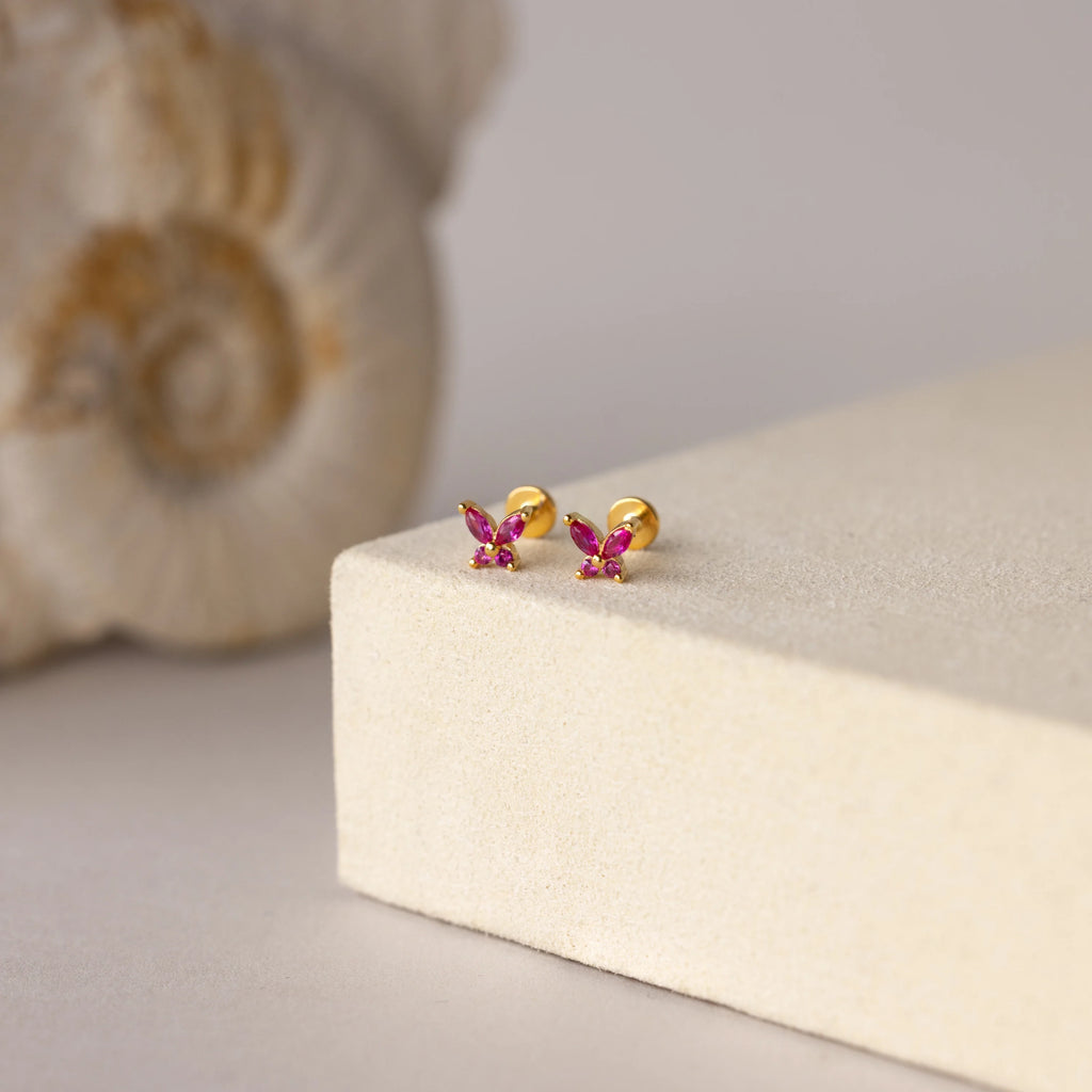 Ruby Butterfly Flatback Studs Silver 18K Gold Plated