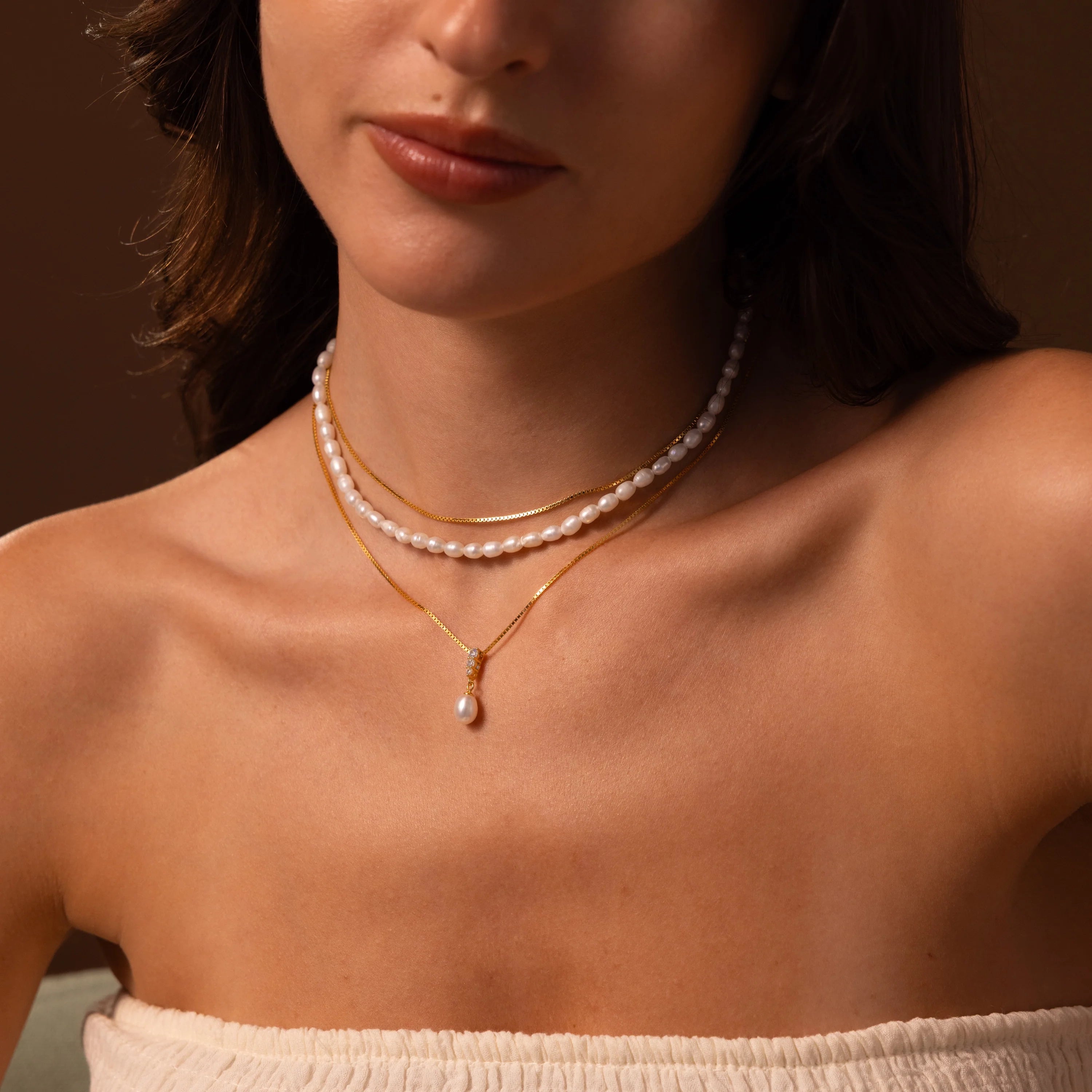 Diamond Pearl Droplet Necklace Silver 18K Gold Plated