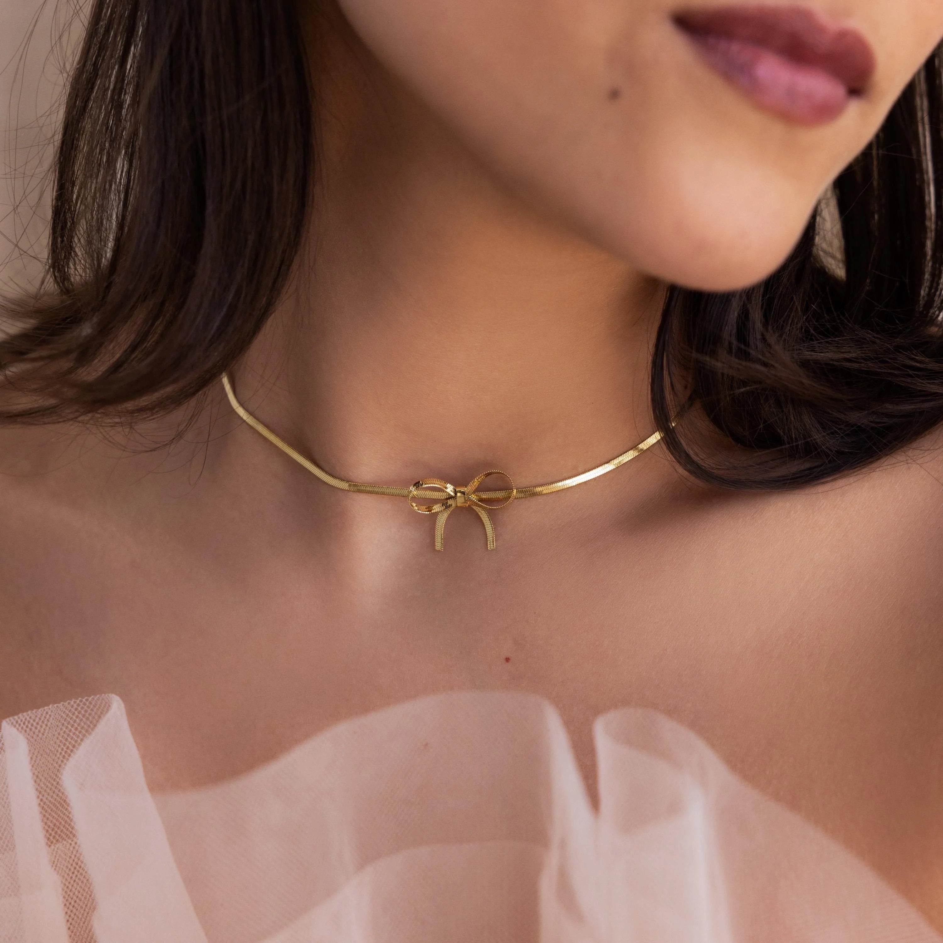 Herringbone Bow Necklace Silver 18K Gold Plated