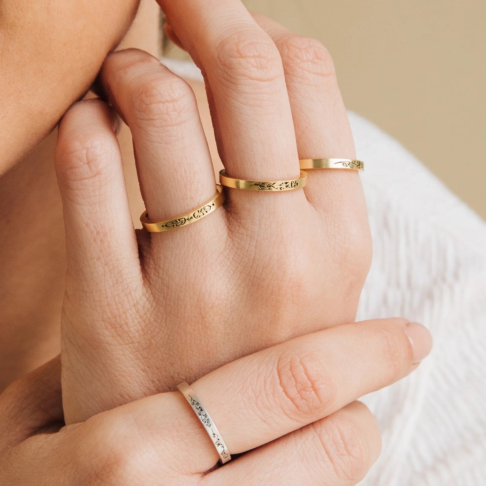 Stacking Birth Flower Band Silver 18K Gold Plated