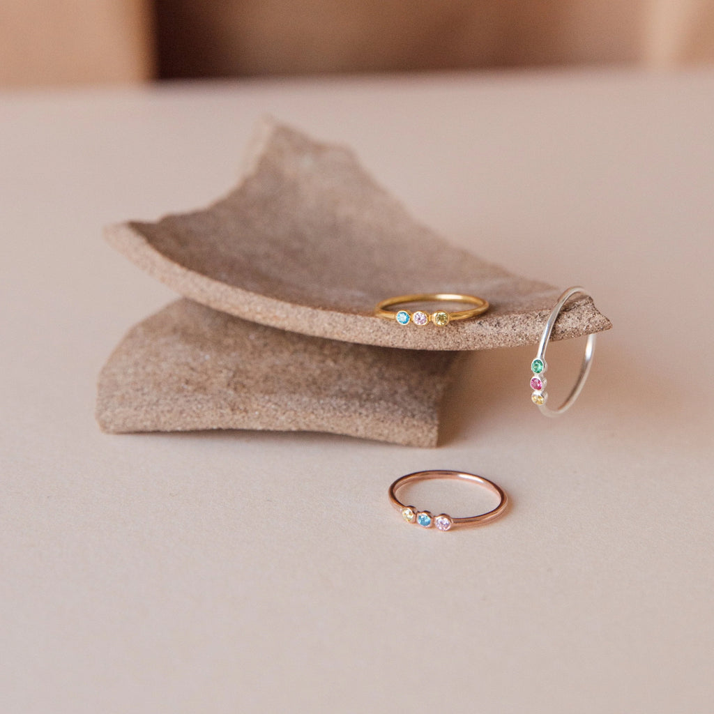 Tiny Triple Birthstone Ring Silver 18K Gold Plated