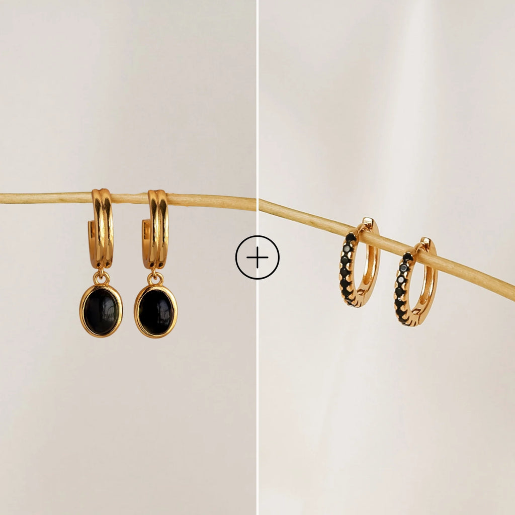 Black Onyx Hoops Bundle Silver 18K Gold Plated