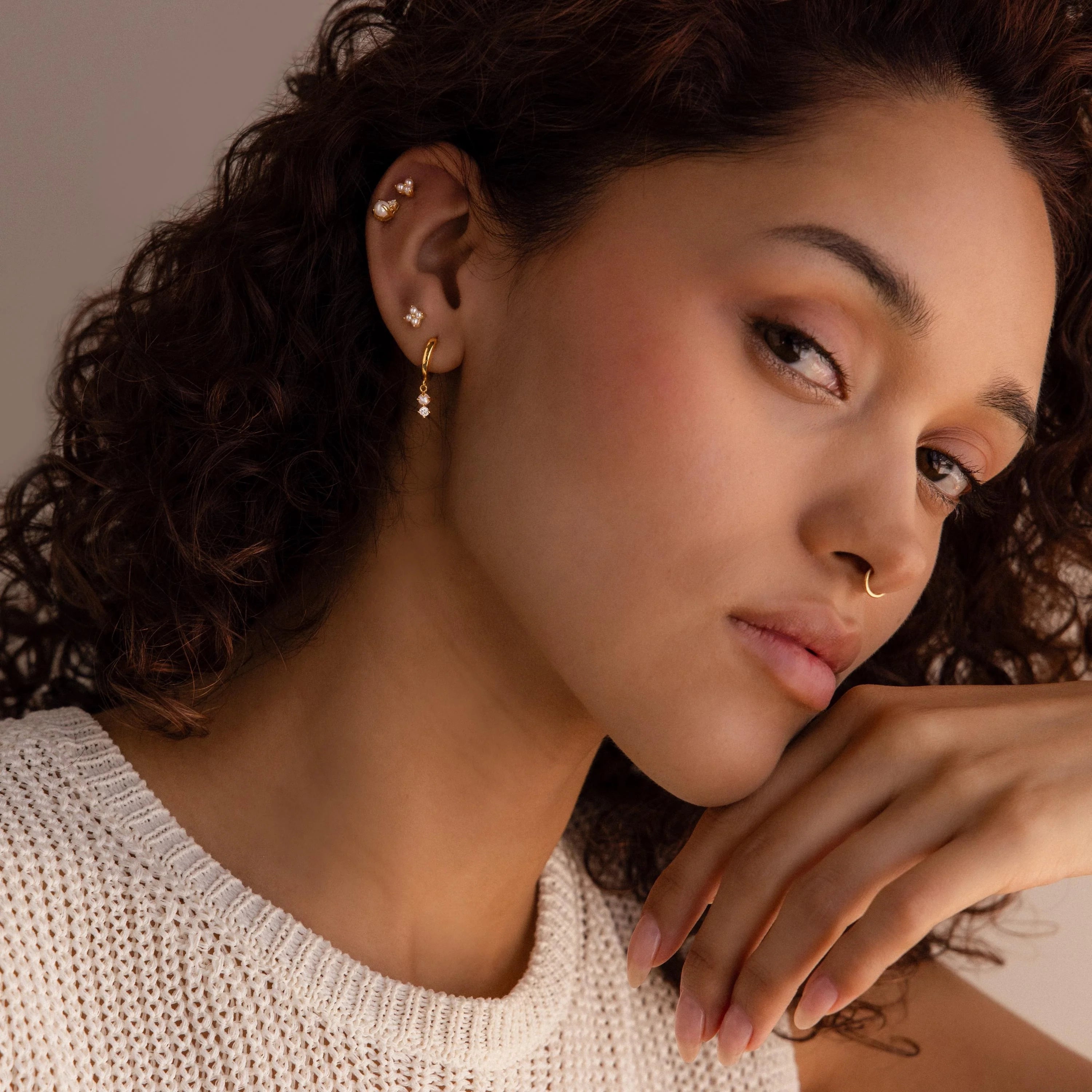 Dangling Pearl Diamond Huggies Silver 18K Gold Plated