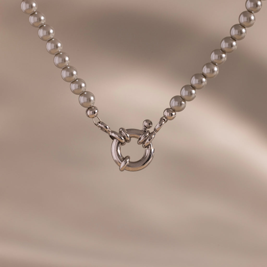 Grey Pearl Charm Necklace Silver 18K Gold Plated