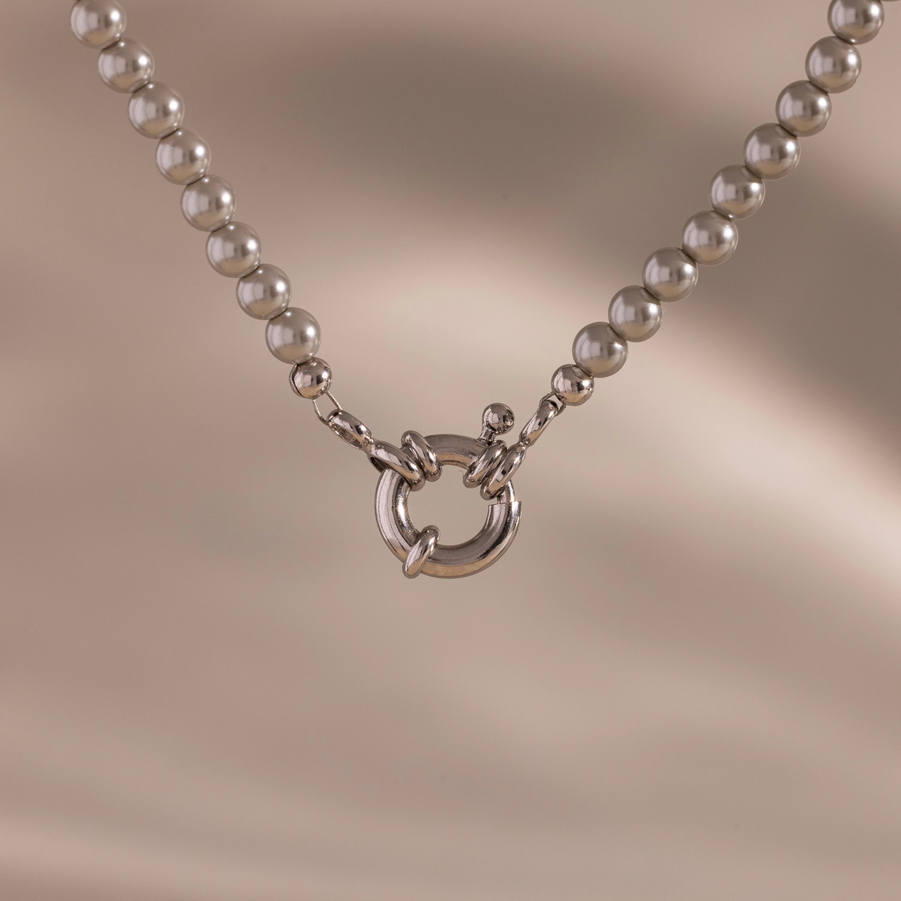 Grey Pearl Charm Necklace Silver 18K Gold Plated
