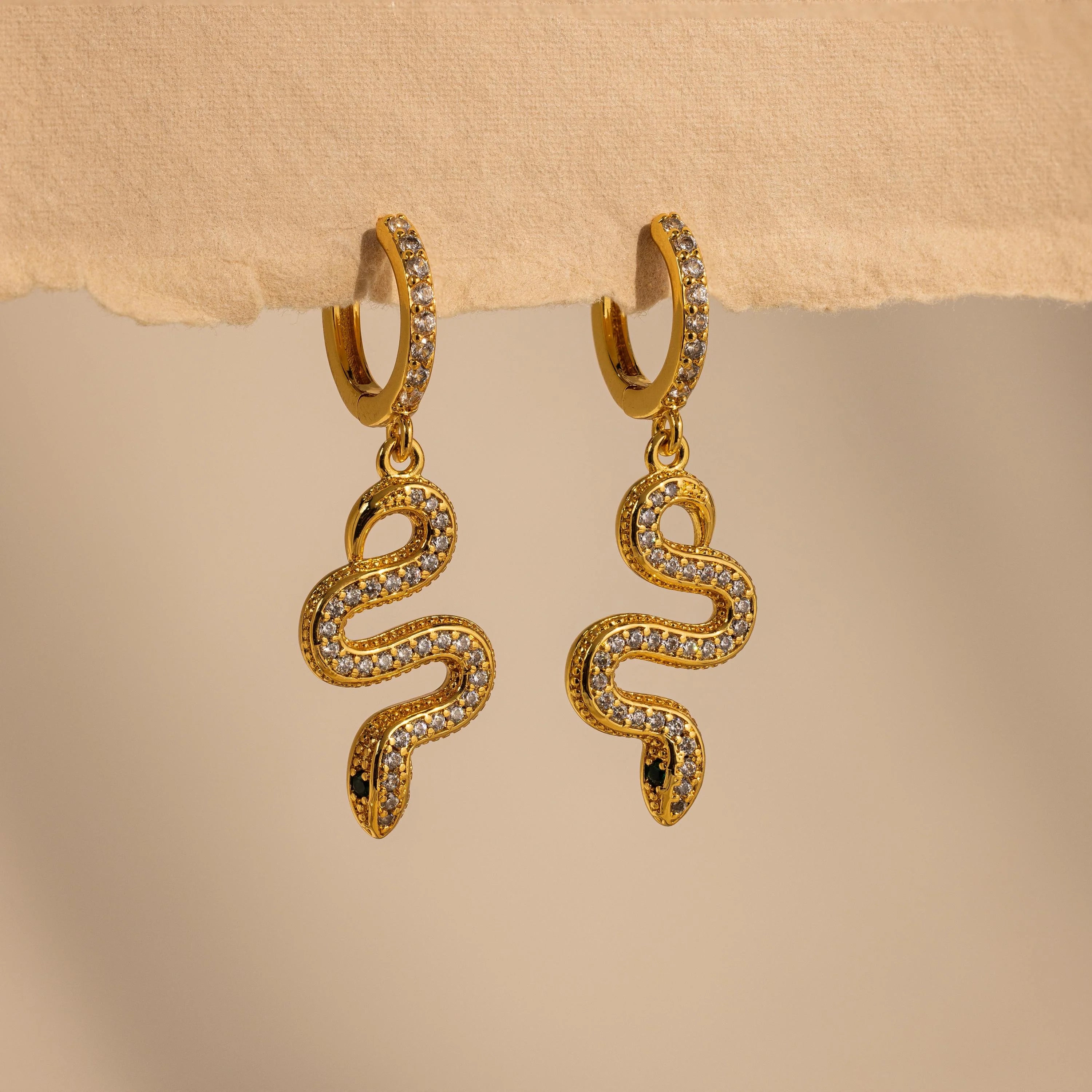 Pave Snake Charm Hoops Silver 18K Gold Plated