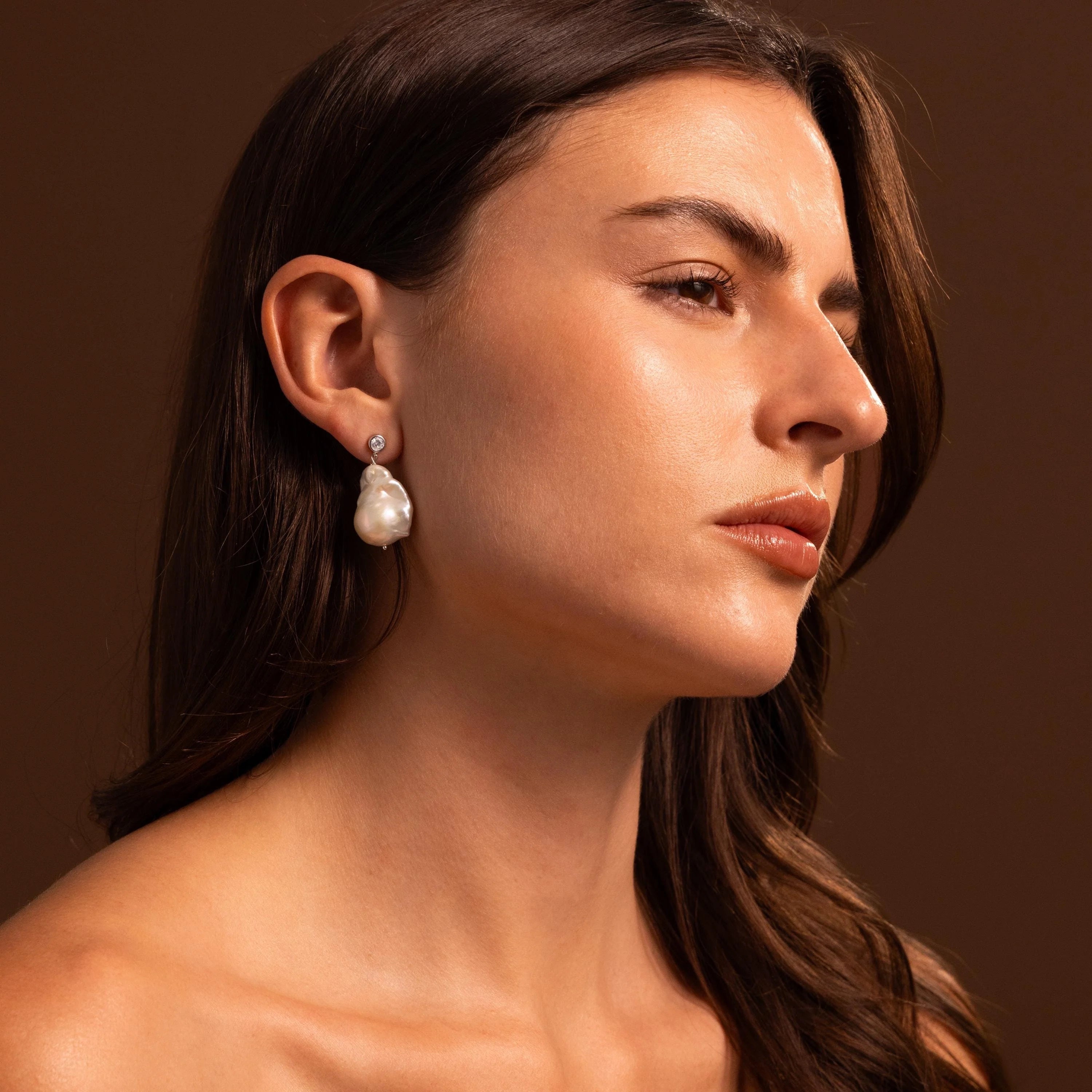 Diamond Baroque Pearl Studs Silver 18K Gold Plated