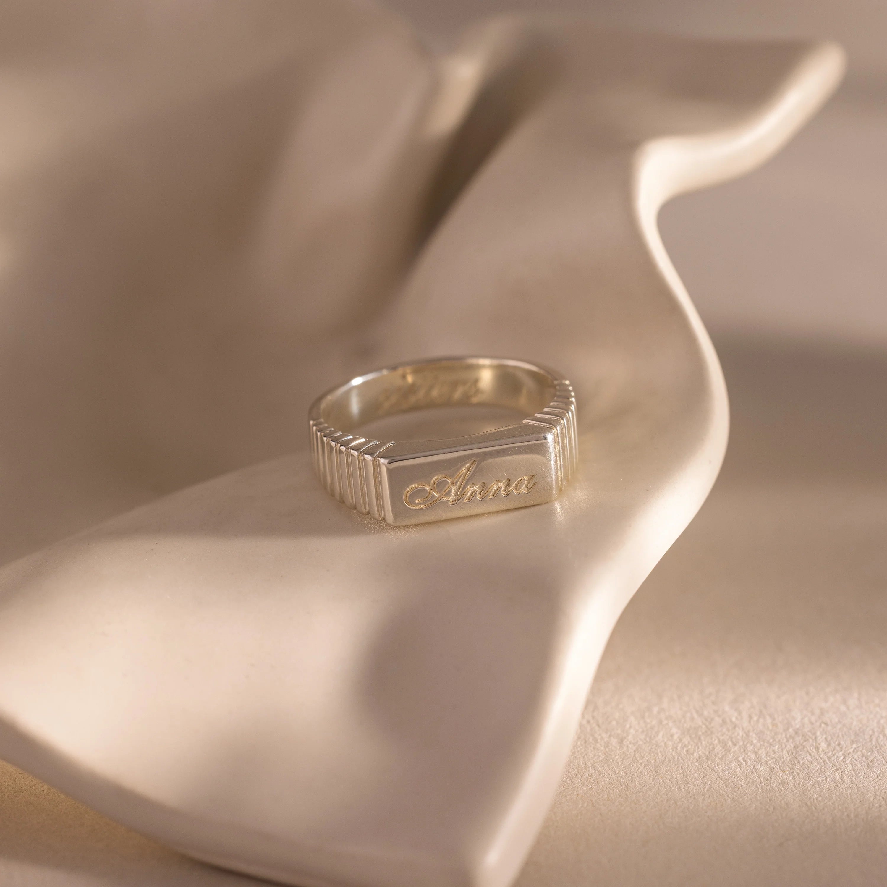 Ribbed Name Signet Ring Silver 18K Gold Plated