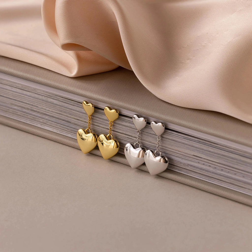 Duo Heart Drop Studs Silver 18K Gold Plated