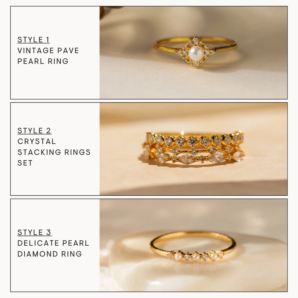 Pearl Diamond Stacking Rings Silver 18K Gold Plated