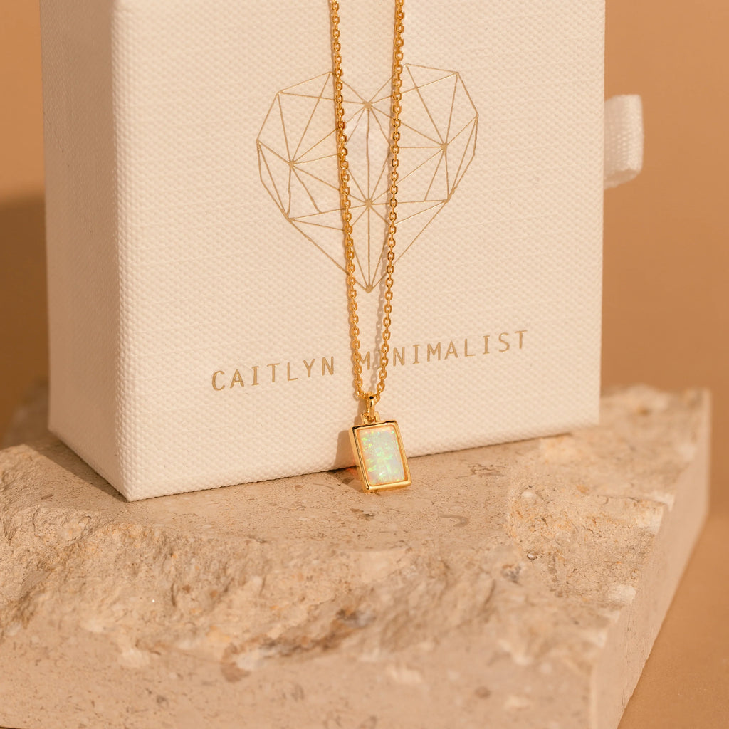 White Opal Rectangle Necklace Silver 18K Gold Plated