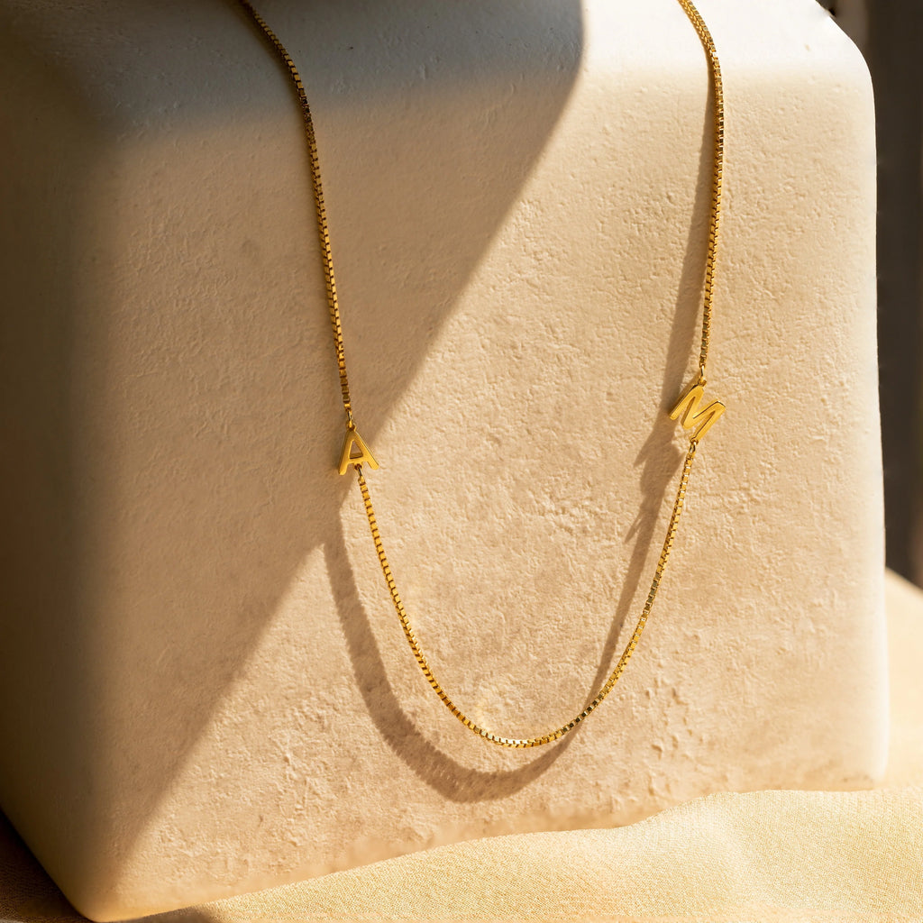 Duo Initial Necklace in Box Chain Silver 18K Gold Plated
