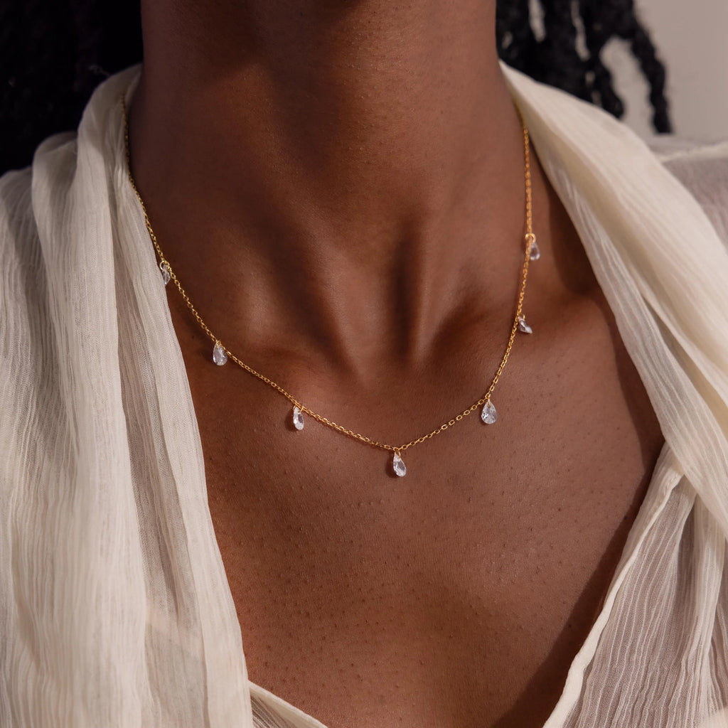 Diamond Drop Station Necklace Silver 18K Gold Plated