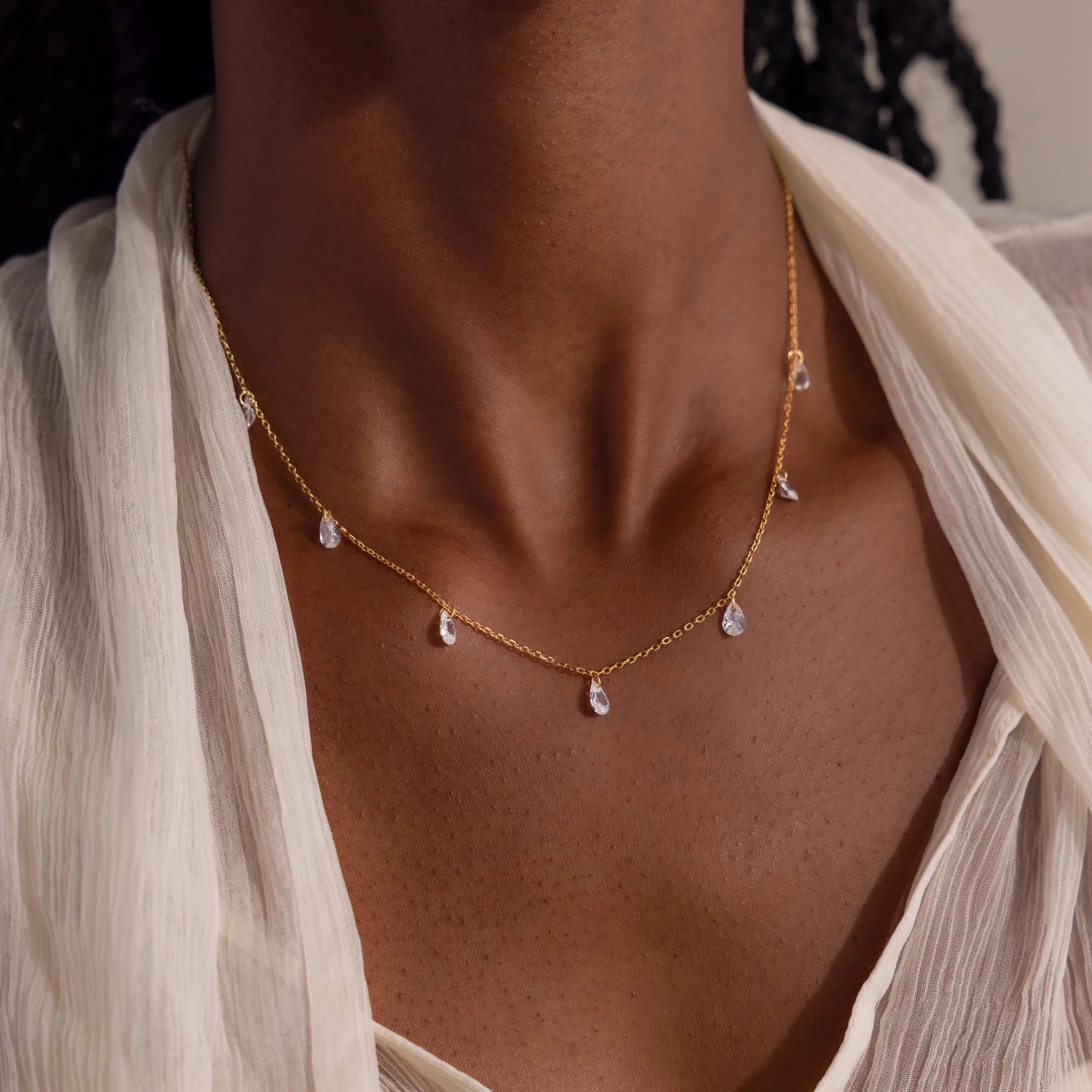 Diamond Drop Station Necklace Silver 18K Gold Plated