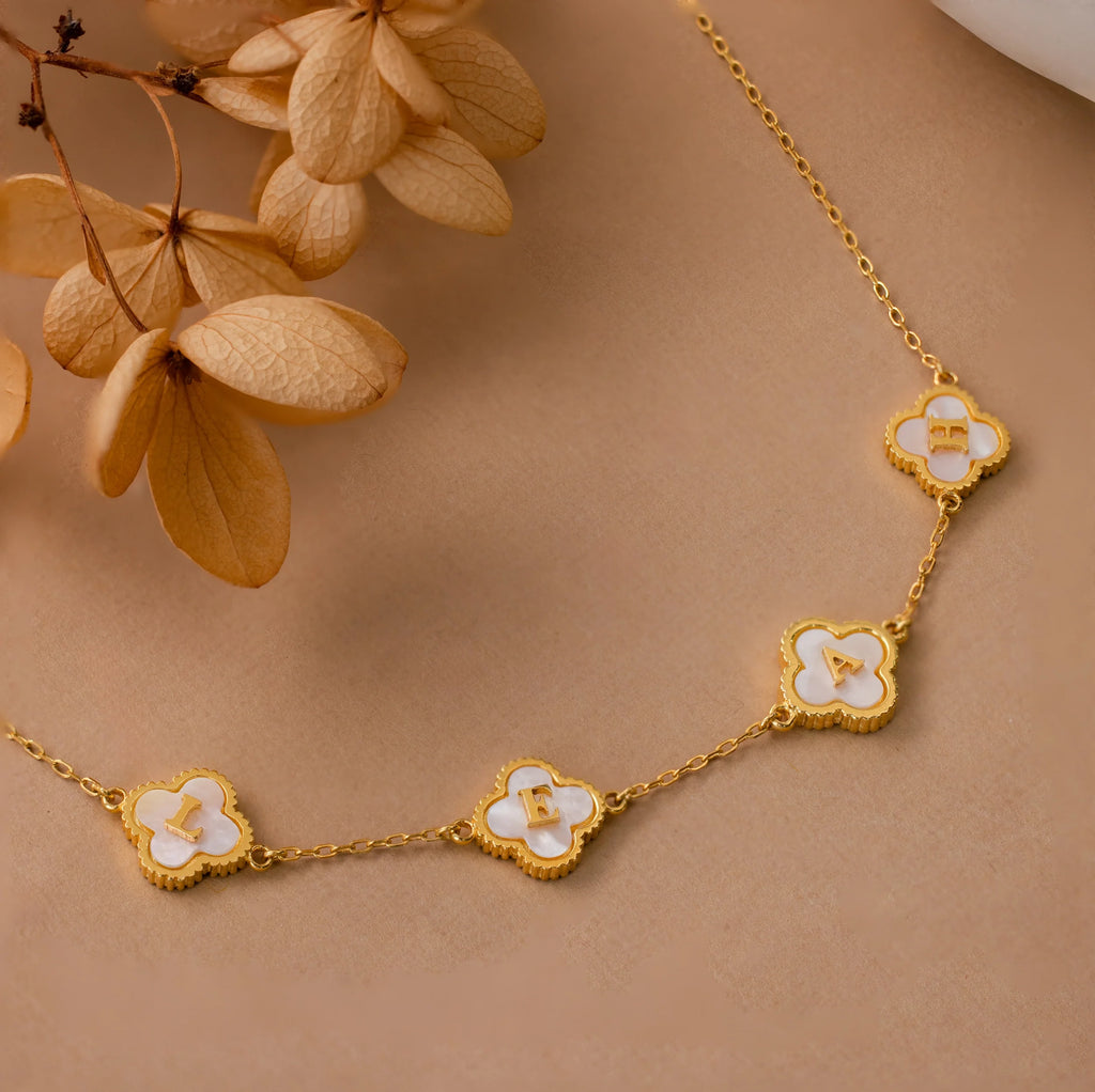 Pearl Clover Letter Necklace Silver 18K Gold Plated
