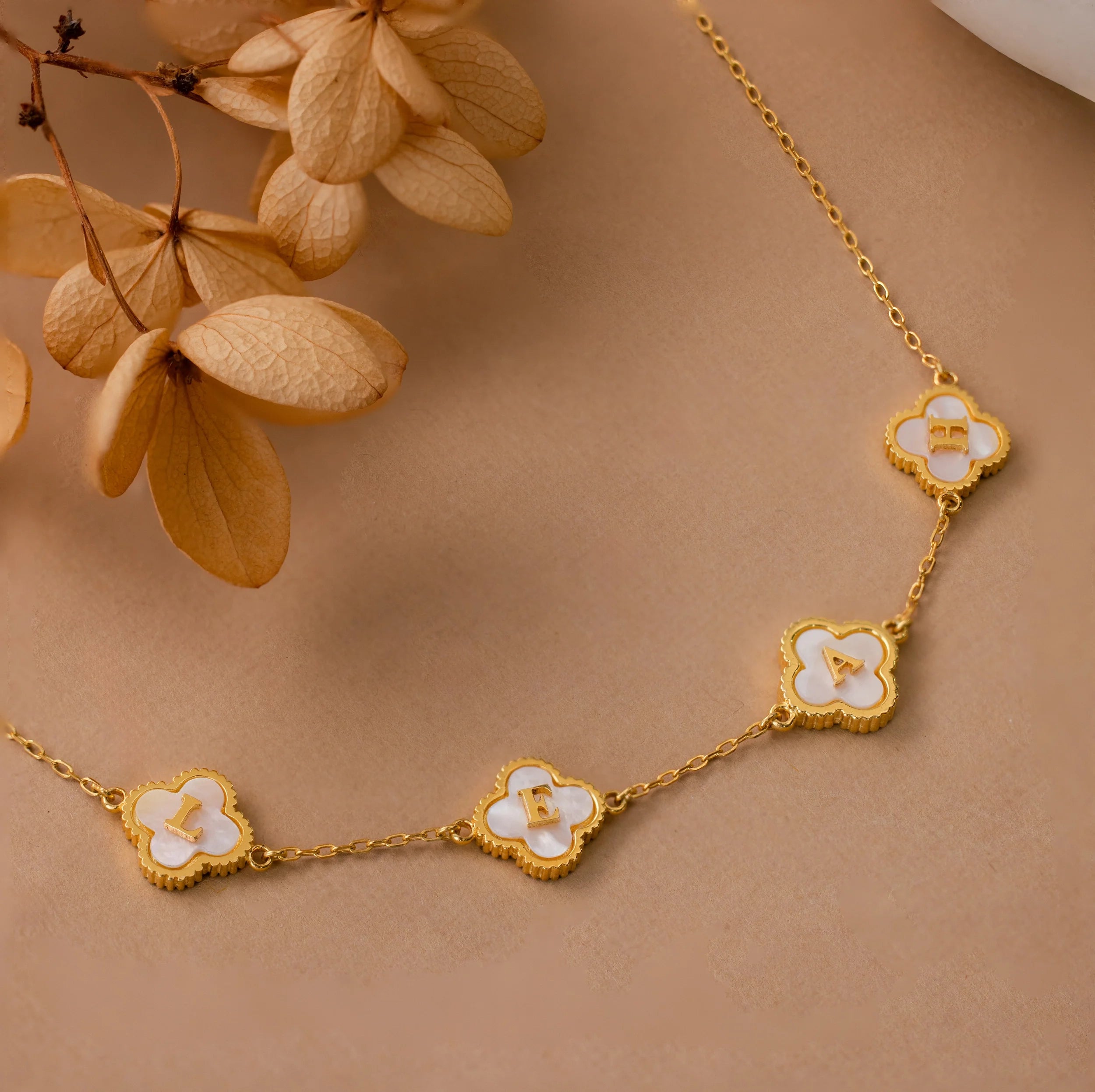 Pearl Clover Letter Necklace Silver 18K Gold Plated
