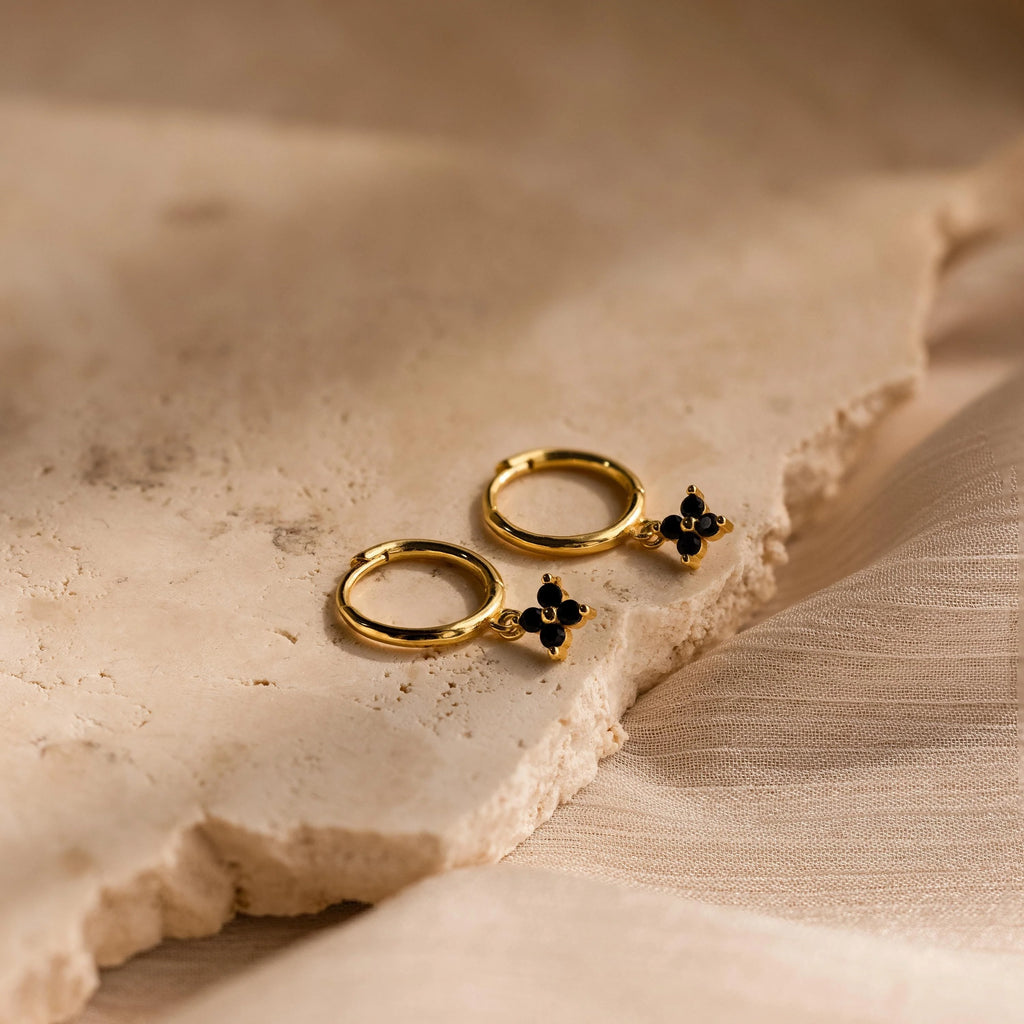 Black Ivy Flower Huggies Silver 18K Gold Plated