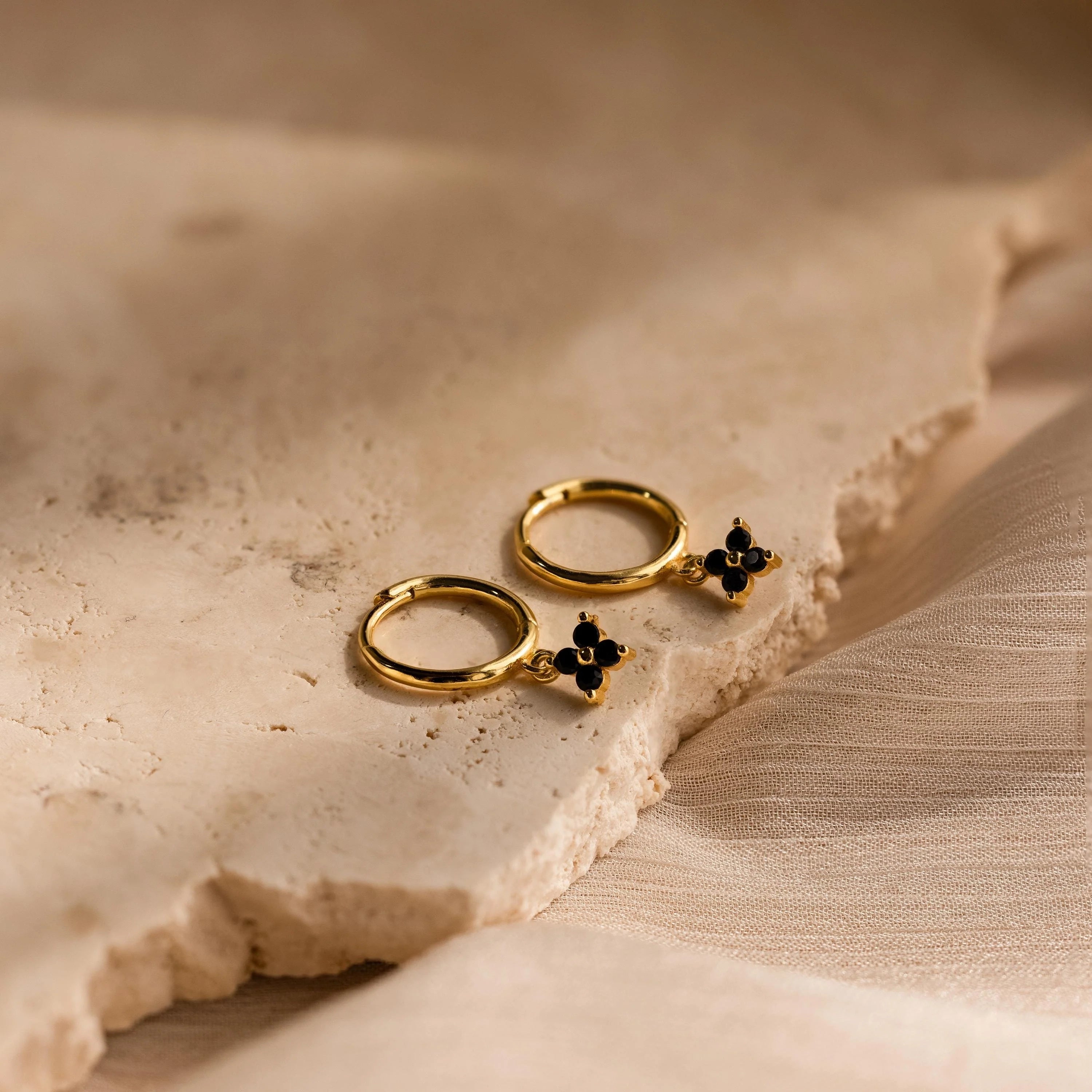 Black Ivy Flower Huggies Silver 18K Gold Plated