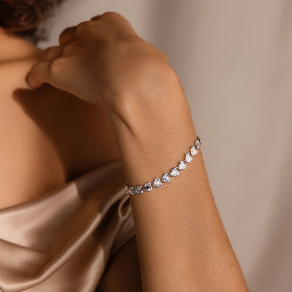 Ribbed Heart Link Bracelet Silver 18K Gold Plated