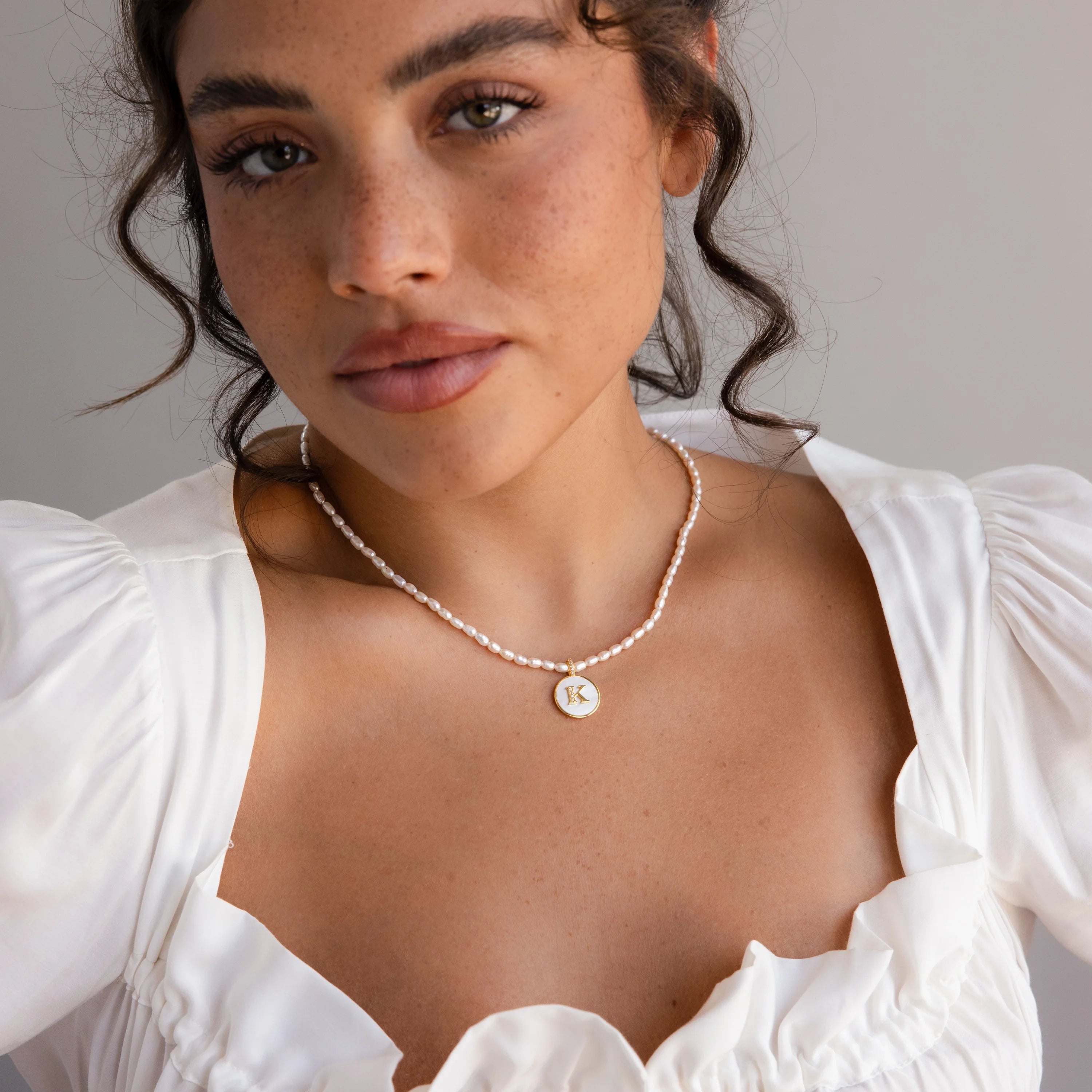 Pearl Initial Disc Necklace  Silver 18K Gold Plated
