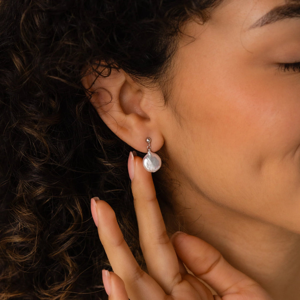 Round Pearl Drop Earrings Silver 18K Gold Plated