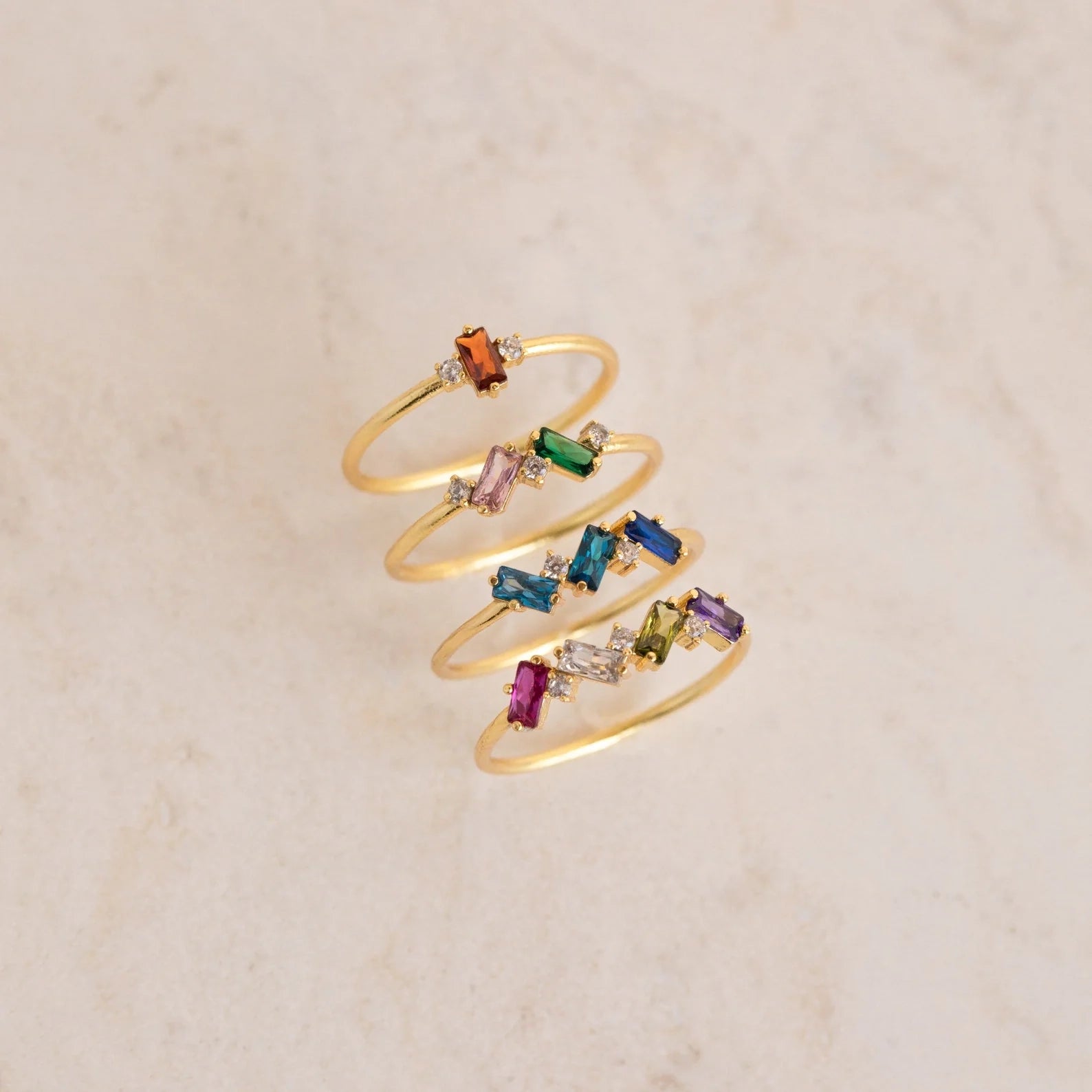 Baguette Cut Birthstone Ring Silver 18K Gold Plated