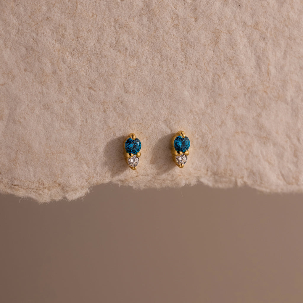 Diamond Blue Zircon Duo  Flatback Studs Silver 18K Gold Plated