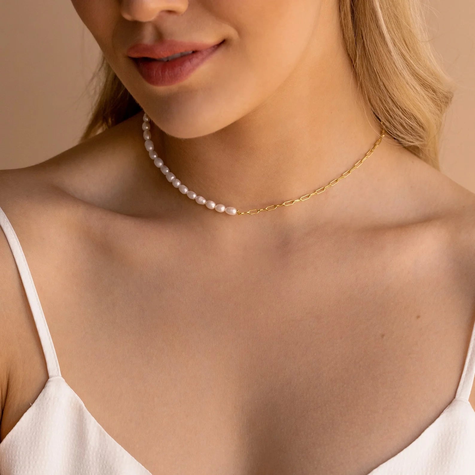 Pearl & Paperclip Chain Necklace Silver 18K Gold Plated