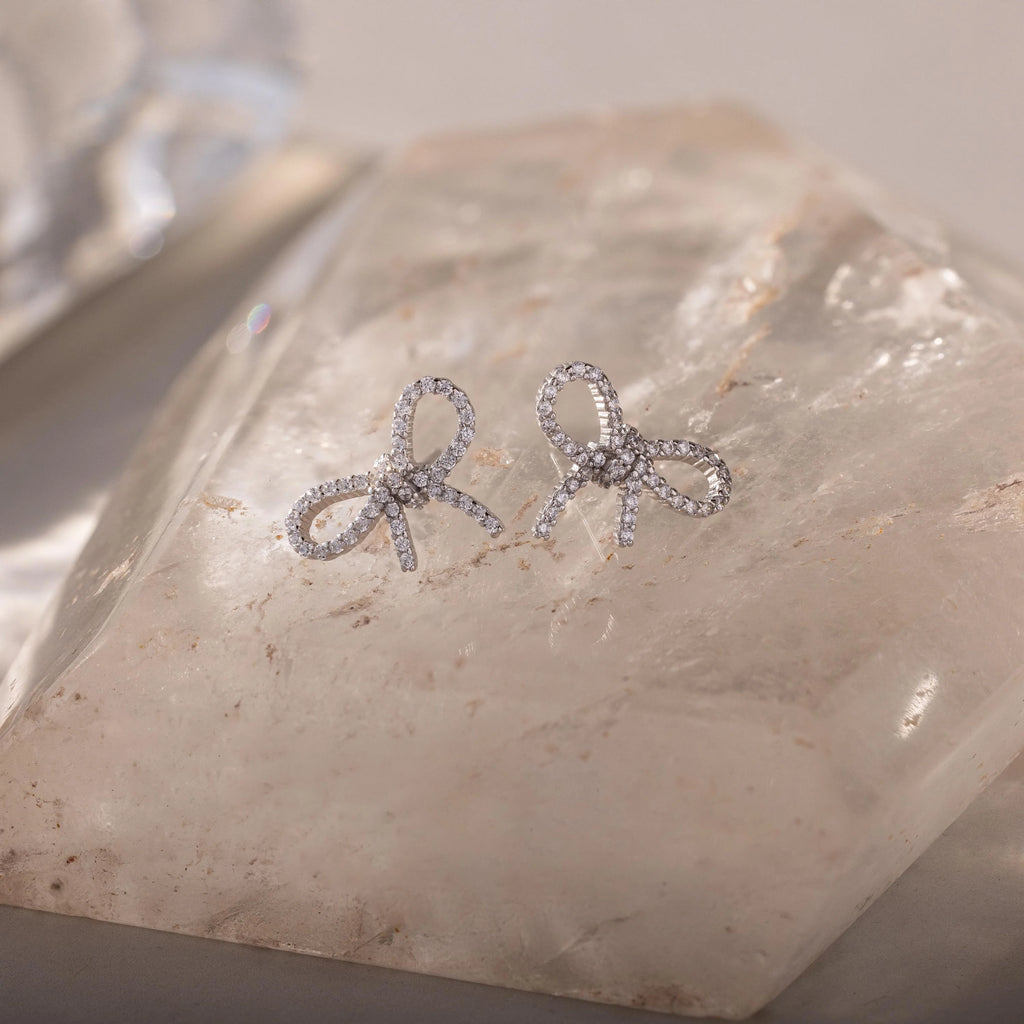 Pave Bow Studs Silver 18K Gold Plated
