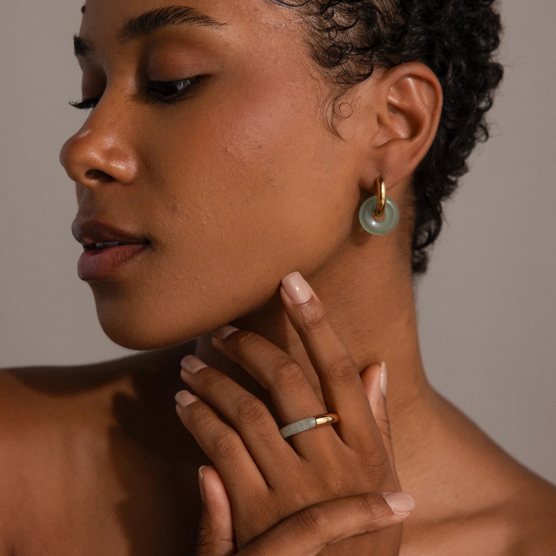 Half Jade Ring Silver 18K Gold Plated