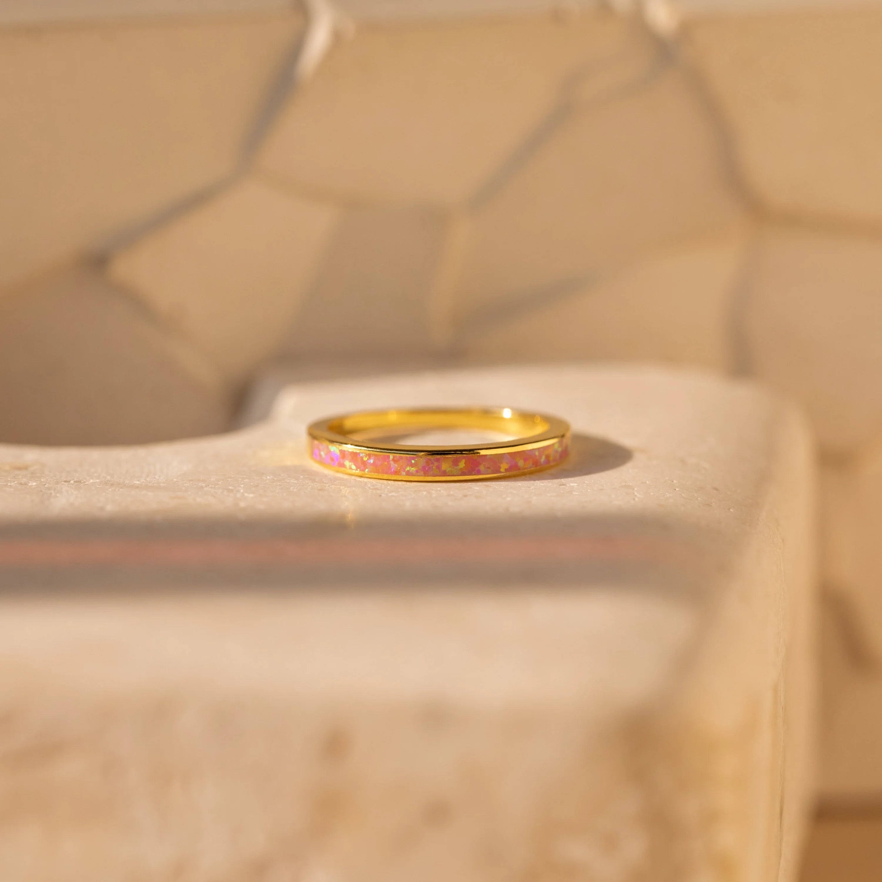 Pink Opal Inlay Band Silver 18K Gold Plated