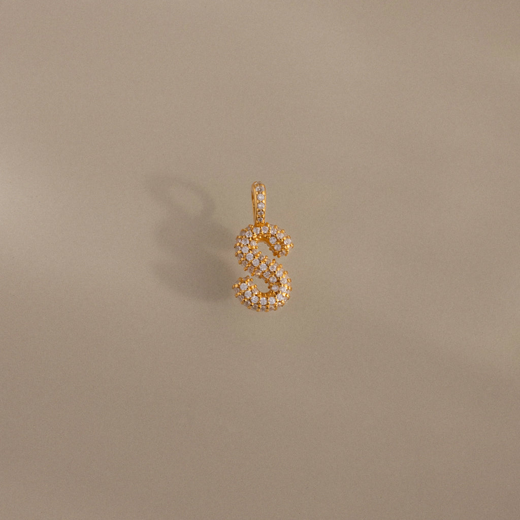 Diamond Pave Bubble Letter Charm Silver 18K Gold Plated
