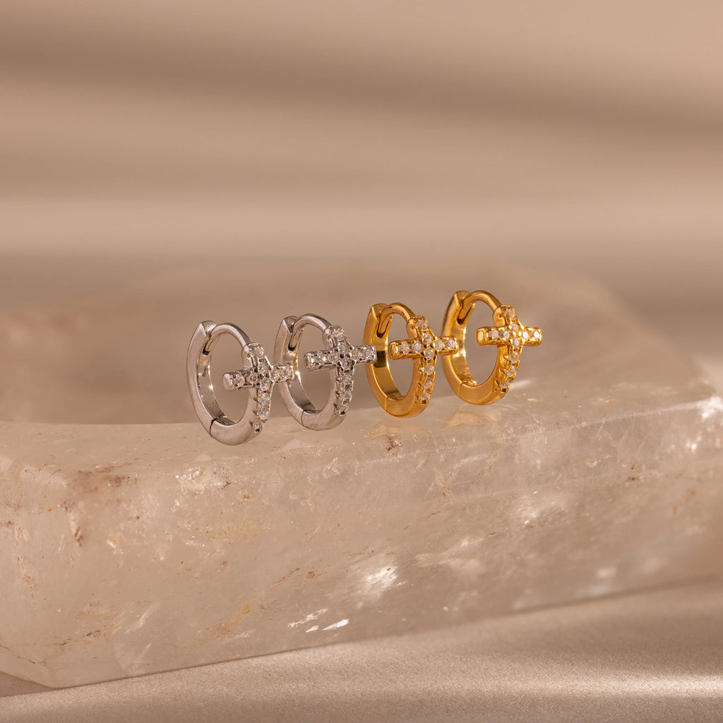 Diamond Cross Huggies Silver 18K Gold Plated