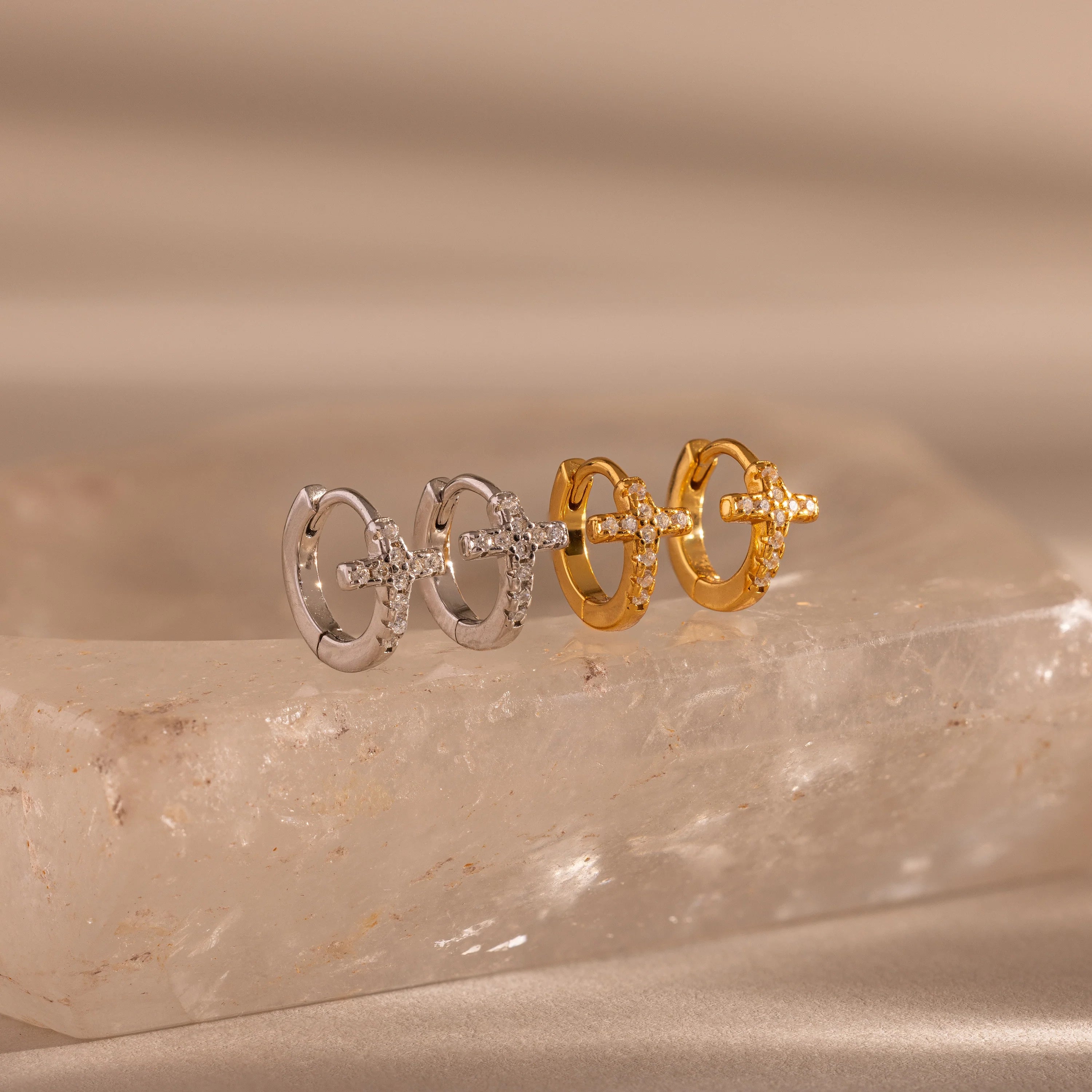 Diamond Cross Huggies Silver 18K Gold Plated