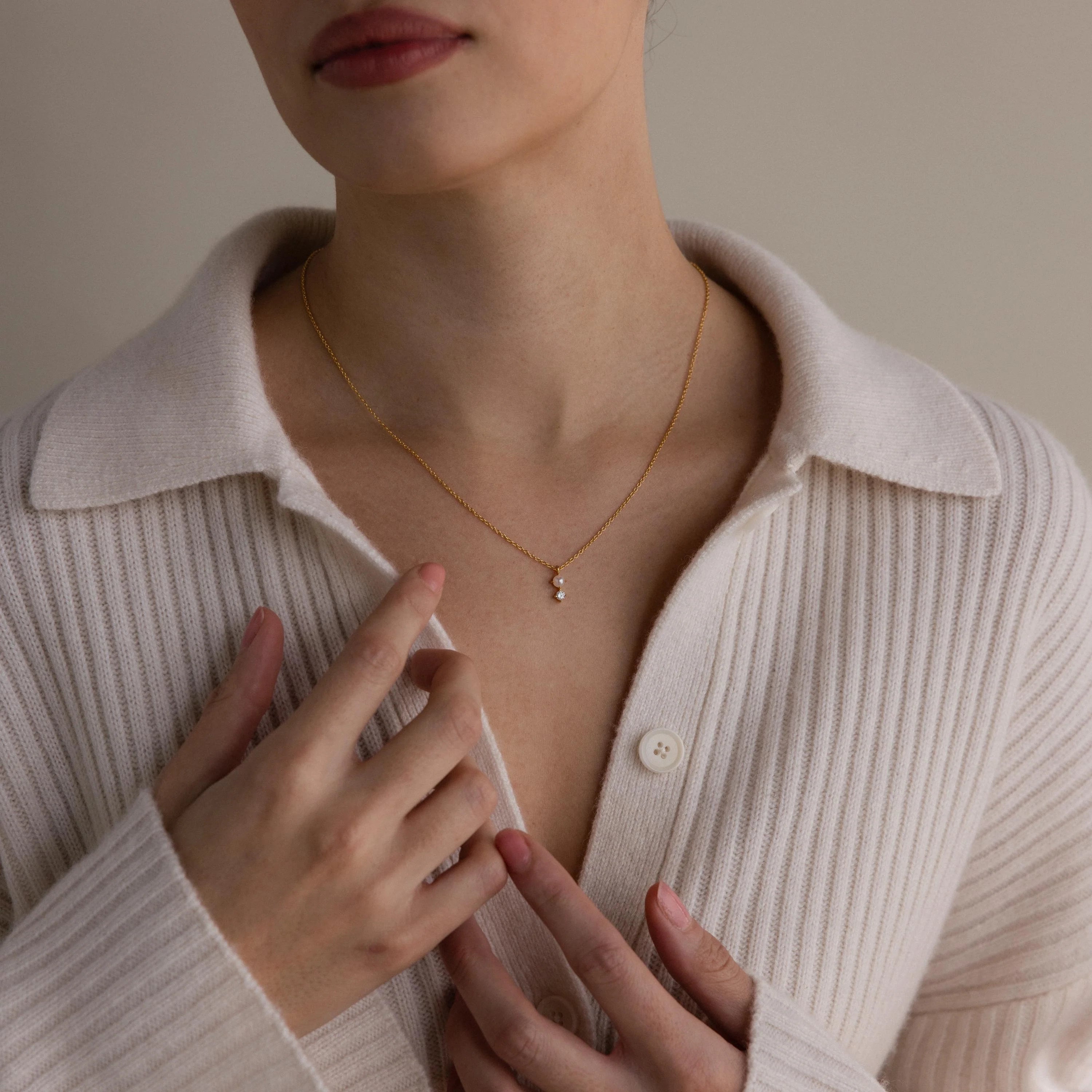 Pearl Diamond Drop Necklace Silver 18K Gold Plated
