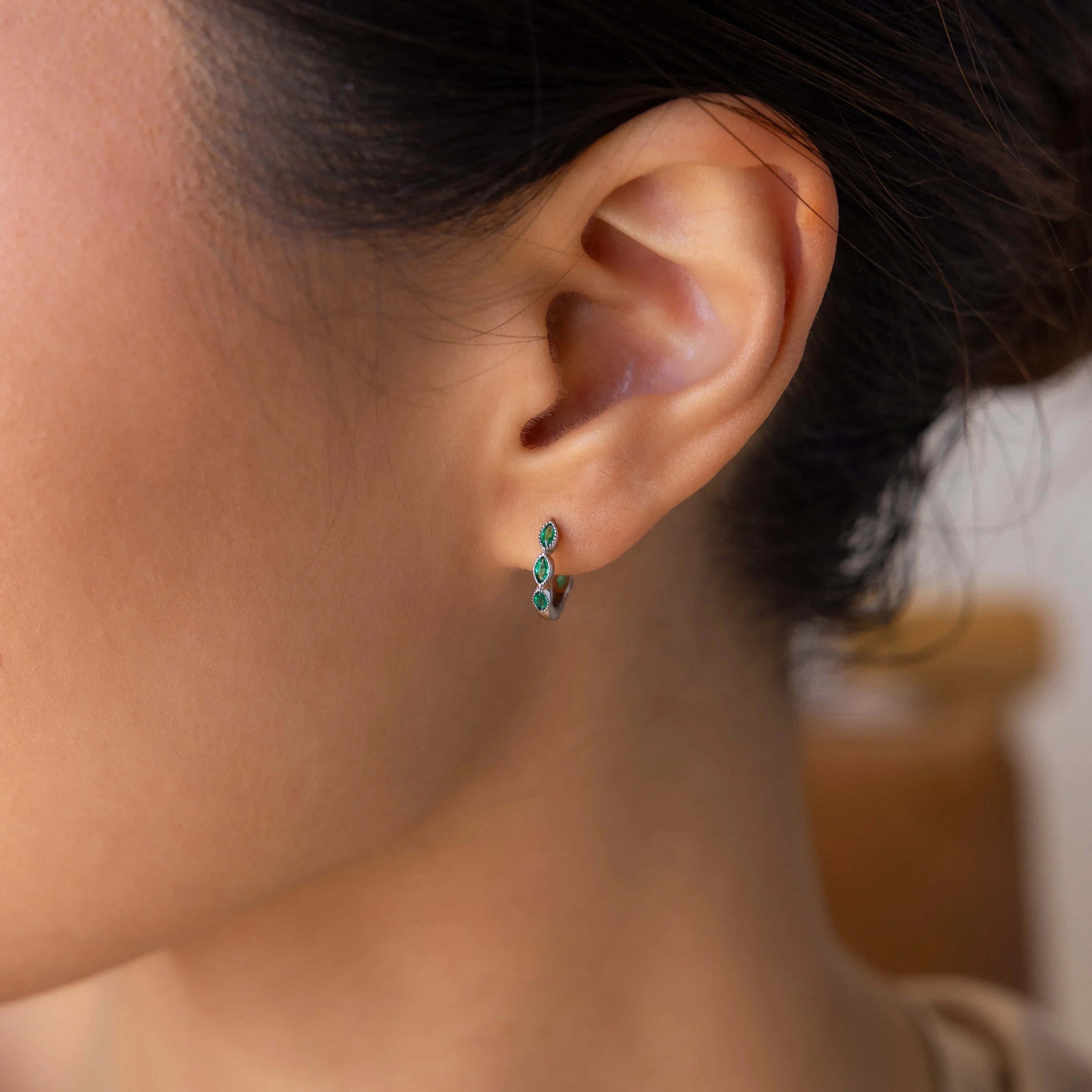 Emerald Marquise Inlay Huggies Silver 18K Gold Plated