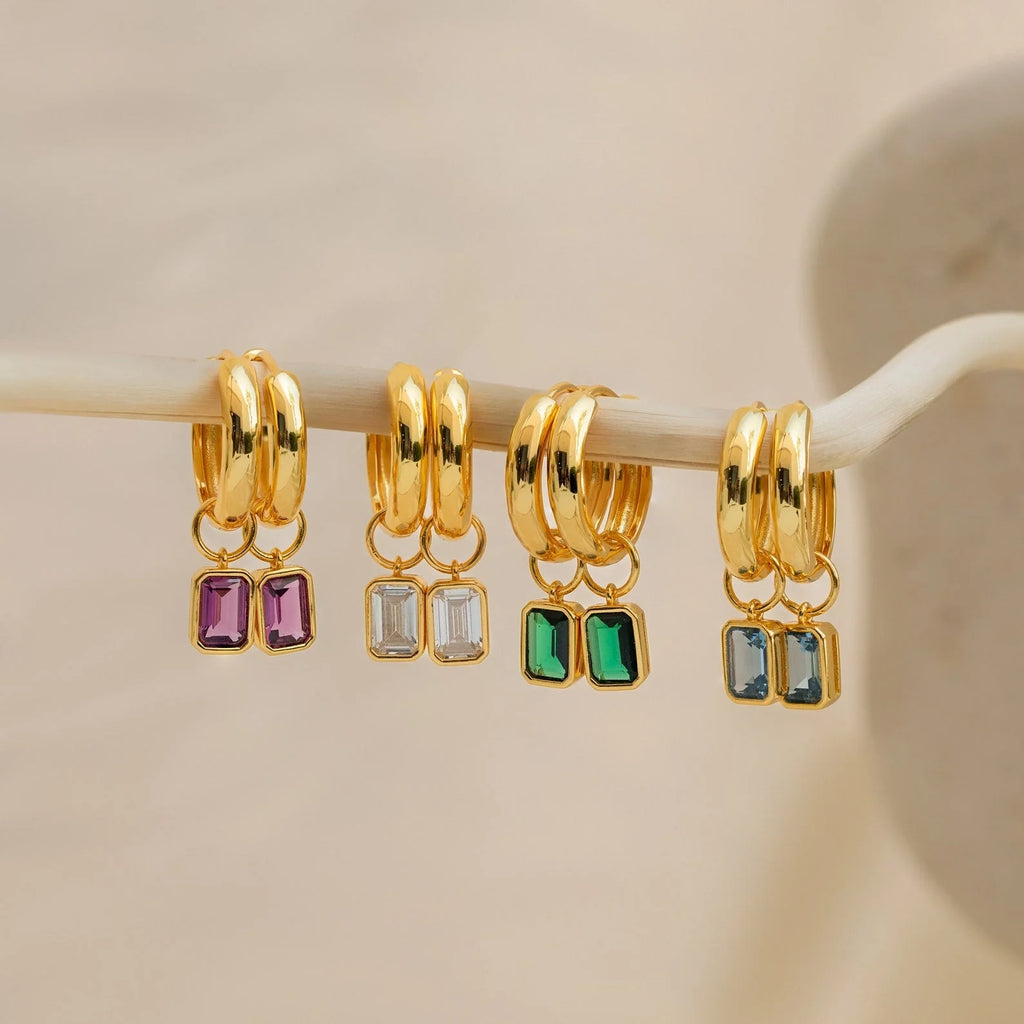 Dangling Emerald Birthstone Hoops Silver 18K Gold Plated