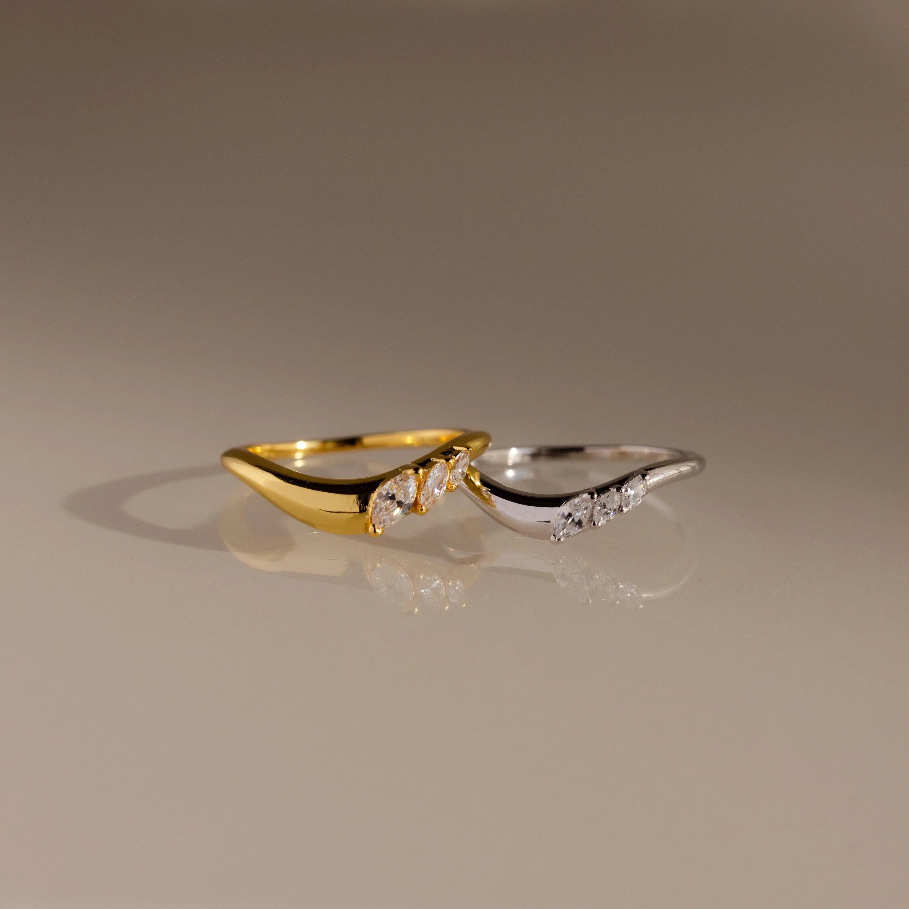 Diamond Mixed Metal Curve Ring Set Silver 18K Gold Plated