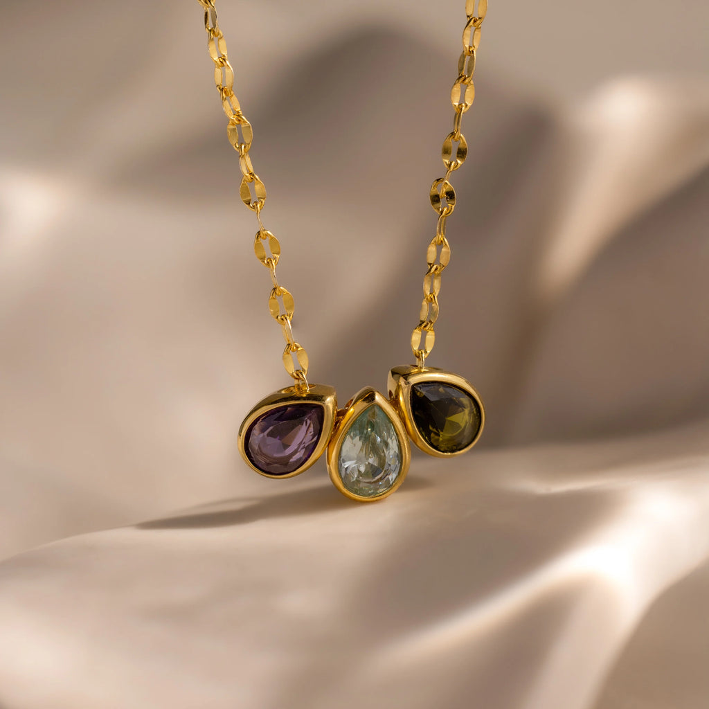 Multiple Teardrop Birthstone Necklace Silver 18K Gold Plated
