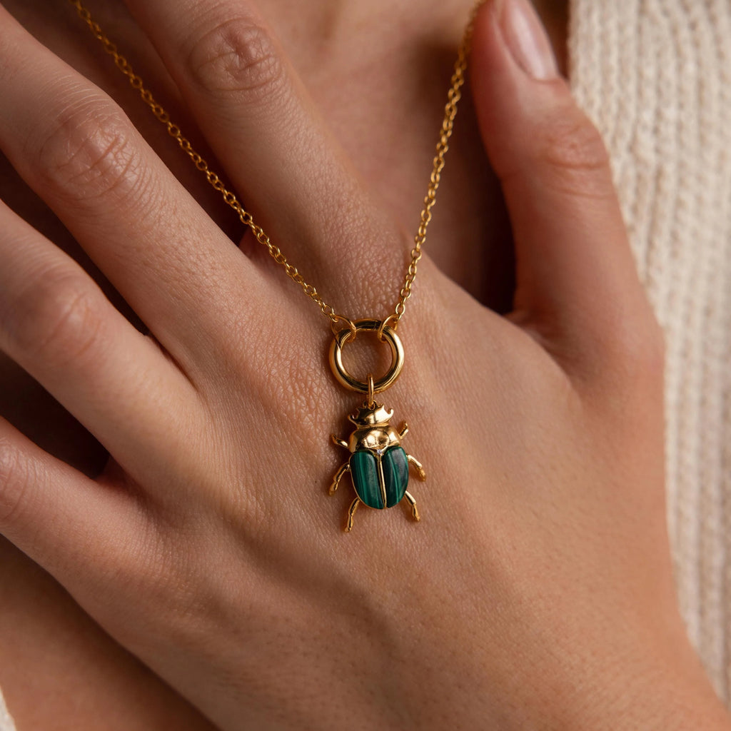 Malachite Beetle Charm Silver 18K Gold Plated
