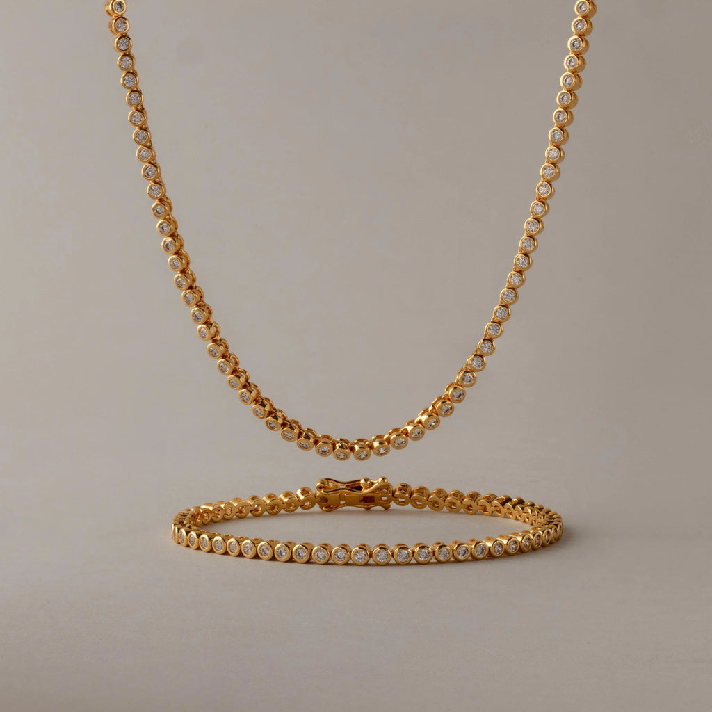 Diamond Bezel Tennis Necklace & Bracelet Set Silver 18K Gold Plated