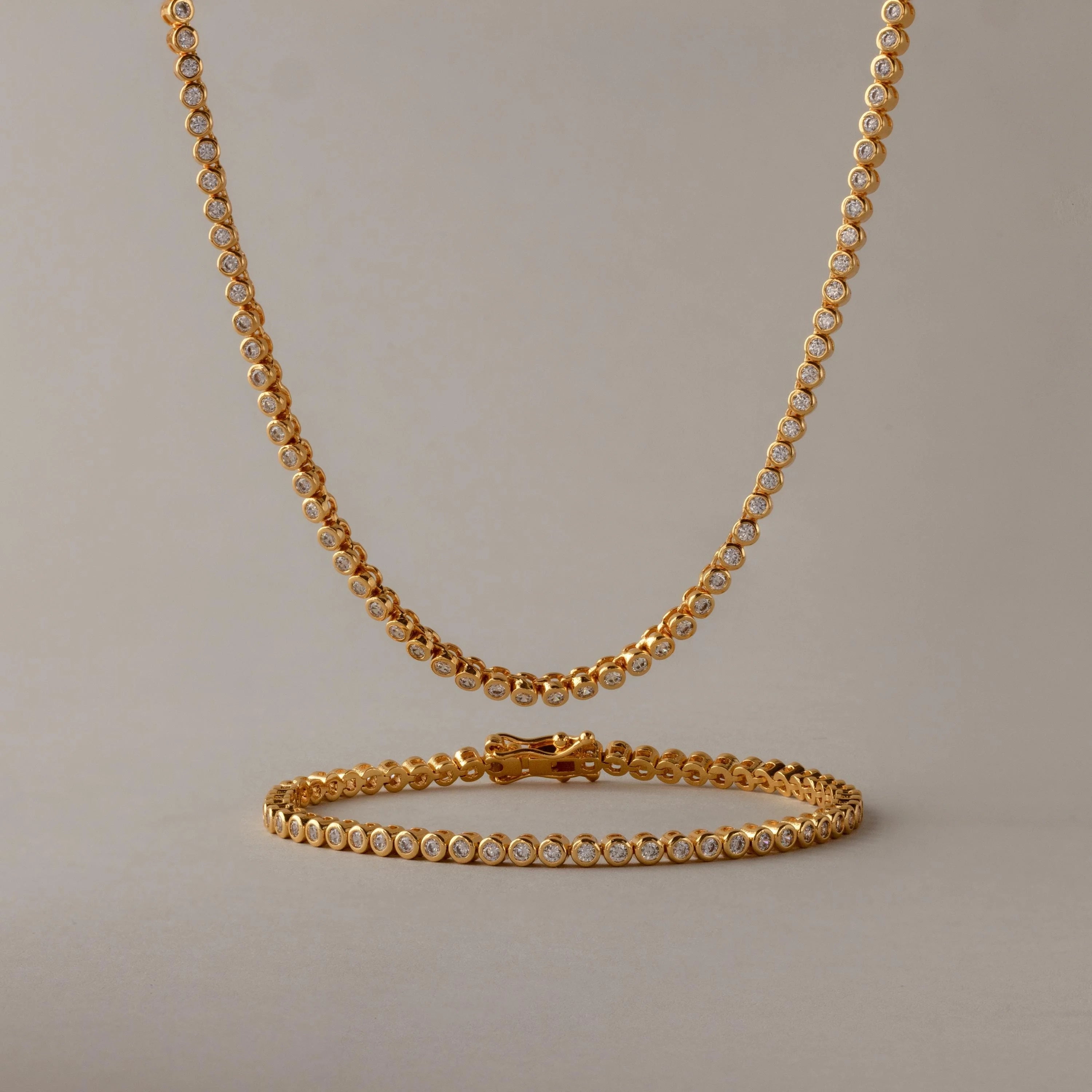 Diamond Bezel Tennis Necklace & Bracelet Set Silver 18K Gold Plated